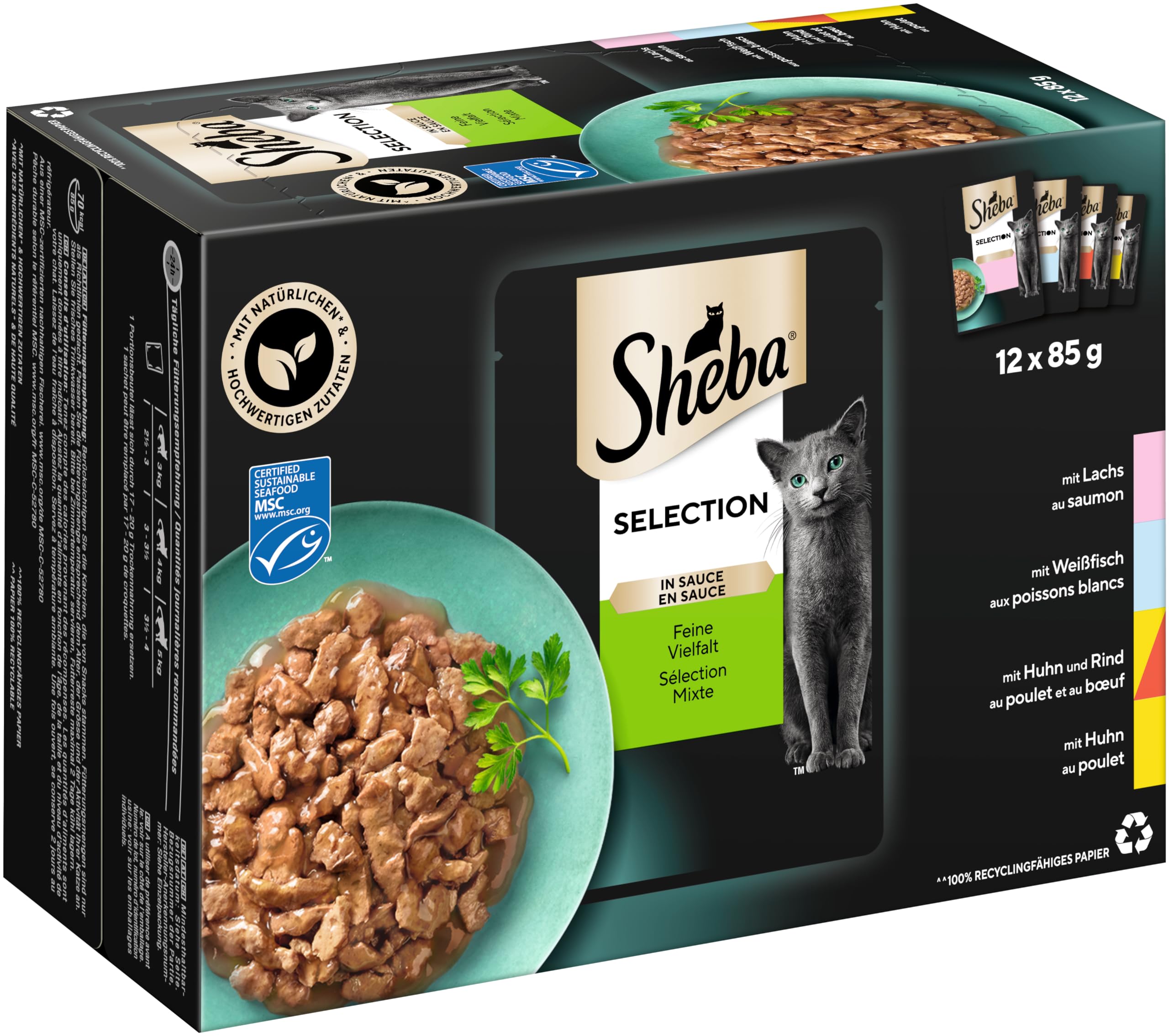 Sheba Selection in Sauce Katzennassfutter – Feine Vielfalt (MSC) – Hochwertiges Feuchtfutter in 48 Portionsbeuteln für Katzen – Katzenfutter – 4er Pack (4 x 12 Portionsbeutel à 85g)