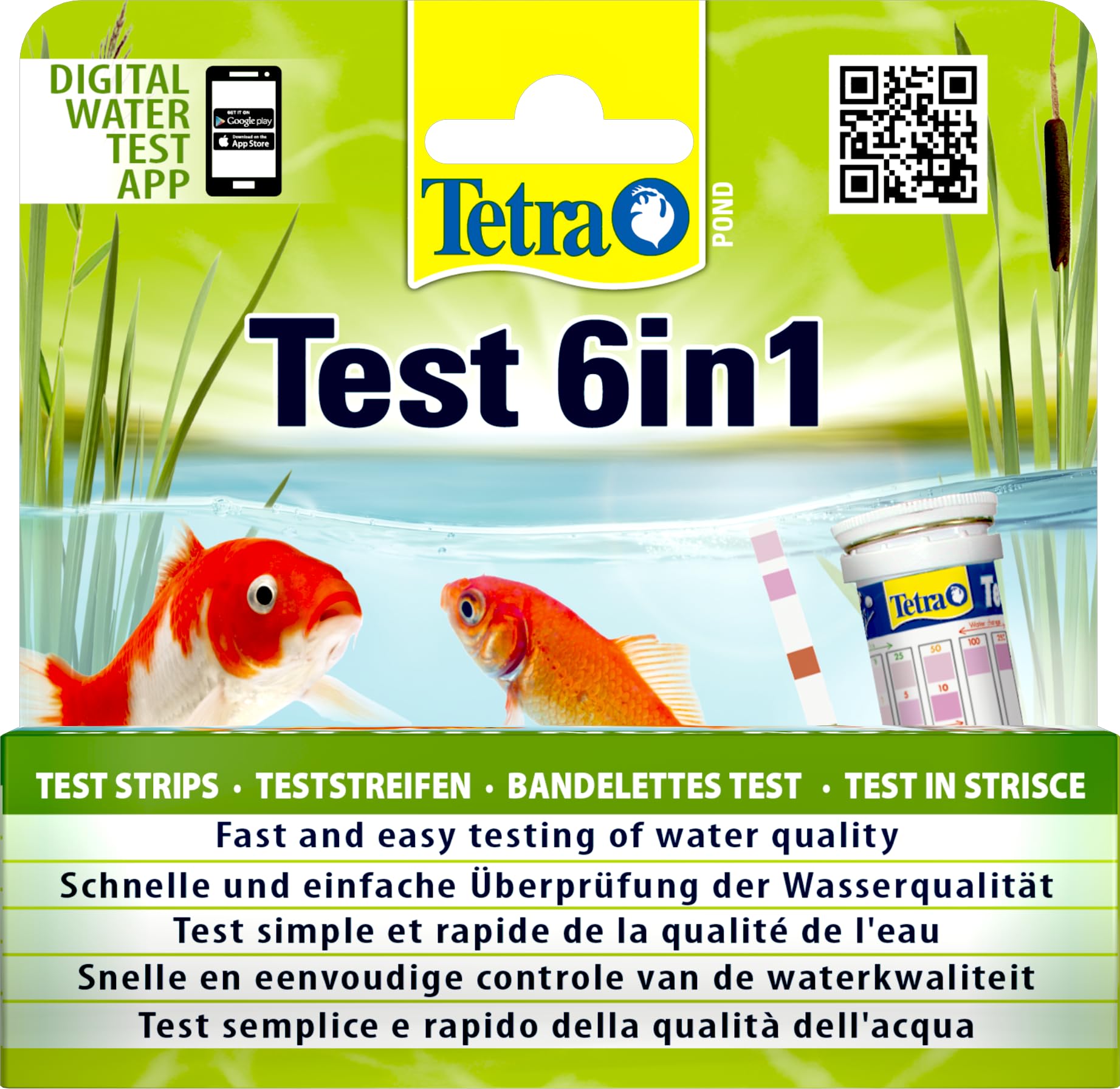 Tetra Pond Test 6in1 – Wassertest für den Teich, schnelle und einfache Überprüfung der Wasserqualität im Gartenteich, 1 Dose (25 Teststreifen)