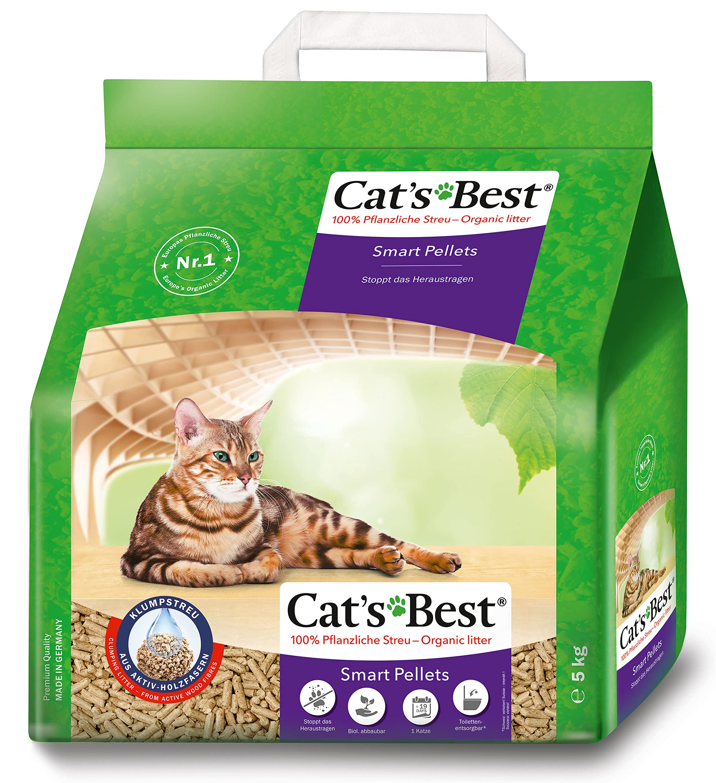 Cat’s Best Smart Pellets, 100 % pflanzliche Katzenstreu, innovative Klumpstreu für Katzen aus antihaftenden Aktiv-Holzfasern – stoppt das Heraustragen, 5 kg/ 10 l