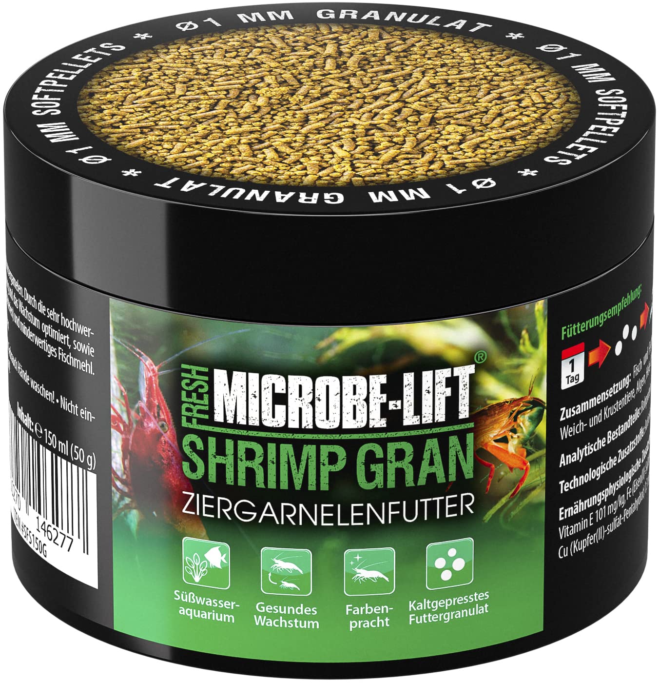 MICROBE-LIFT Shrimp Gran – 150 ml / 50 g – Premium Garnelenfutter als Alleinfutter, kaltgepresst, fördert Wachstum und Farbenpracht von Garnelen in Süßwasseraquarien.