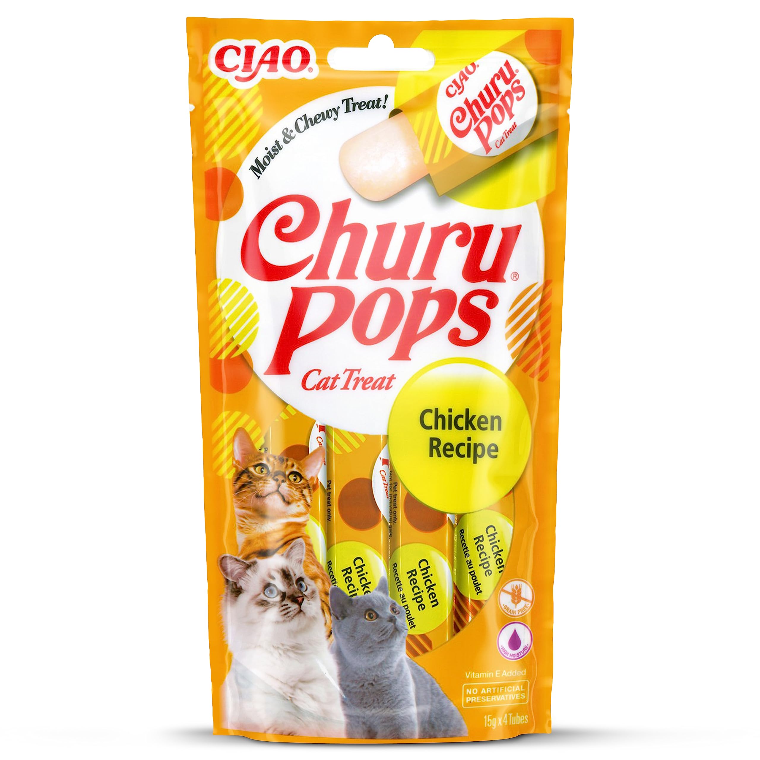 INABA Churu Pops – Katzen-Leckerli zum Füttern aus der Hand – Köstliche Katzensnacks zum Schlecken – Leckerchen in Handlichen Portionen mit Huhn 4x15g