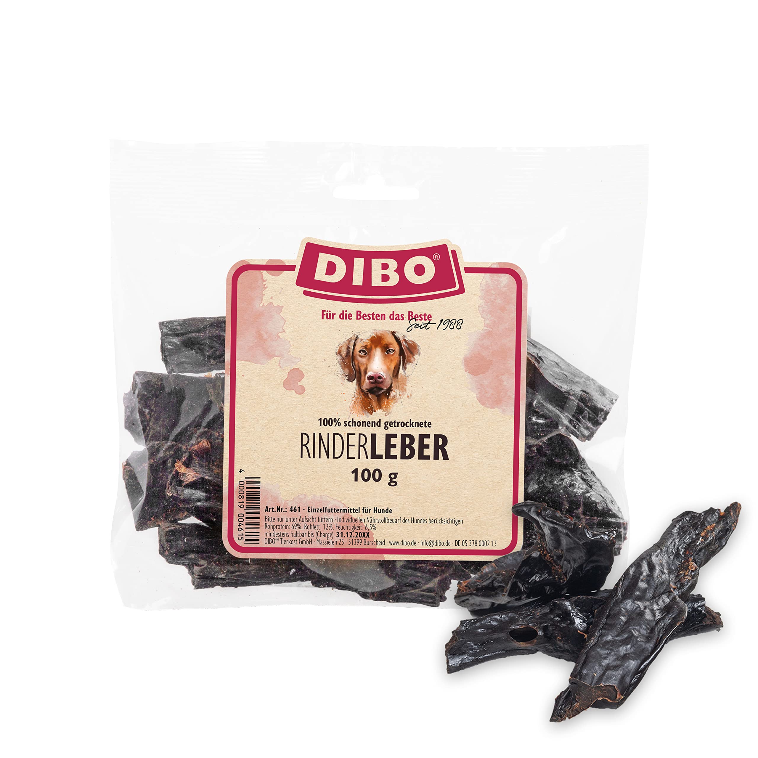 DIBO Rinderleber, 100g-Beutel, der kleine Naturkau-Snack oder Leckerli für Zwischendurch, Hundefutter, Qualitätskauartikel ohne Chemie von DIBO