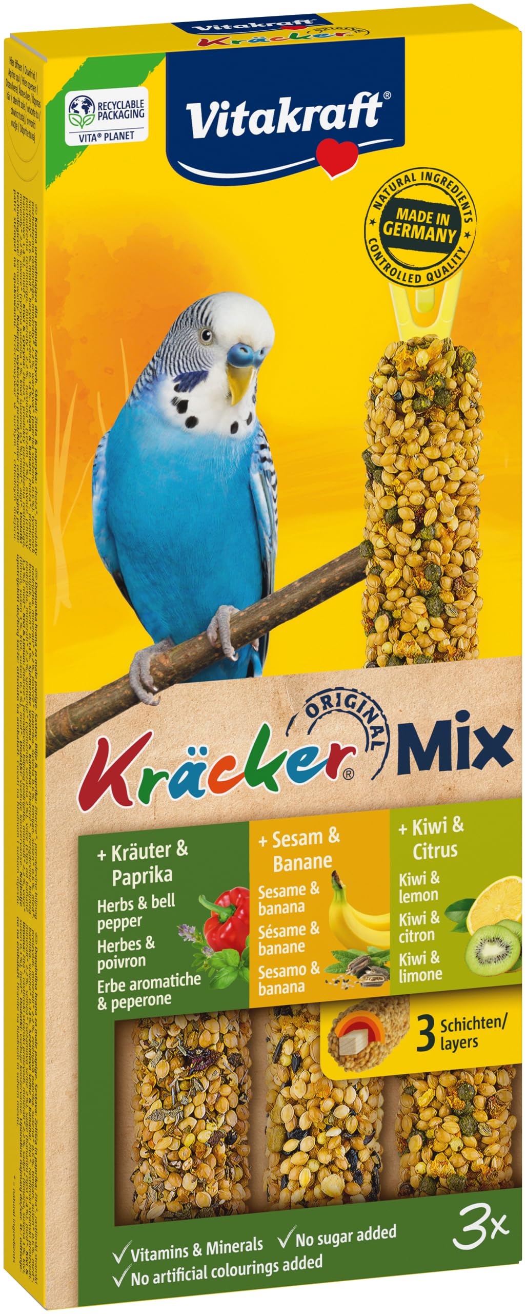 Vitakraft Kräcker Mix, Vogelsnack, für Wellensittiche, Knabberstangen, mit Kräutern und Paprika, mit Kiwi und Citrus, mit Banane und Sesam, ohne Zusatz von Zucker (1x 3 Stück)