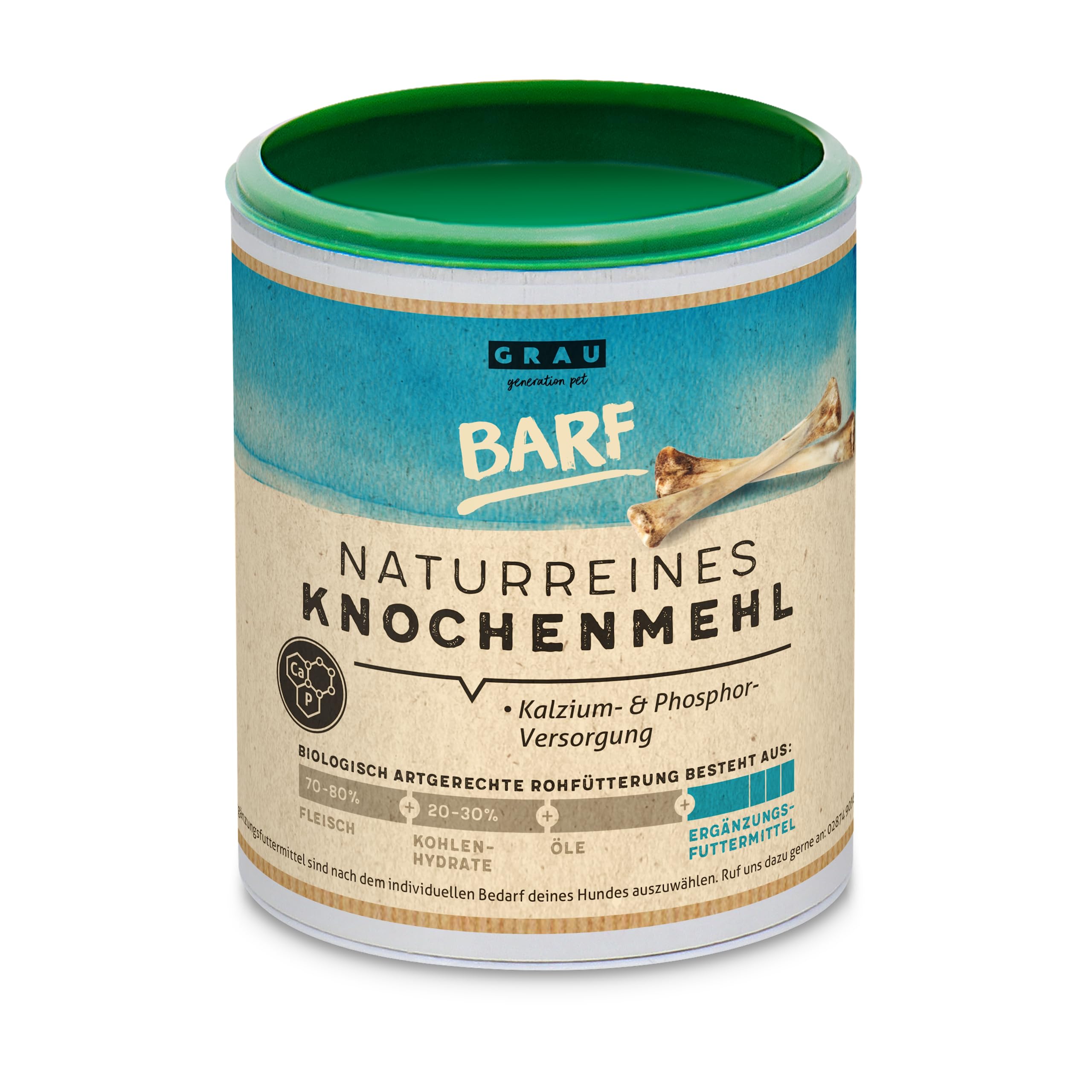 GRAU – das Original – 100 % Naturreines Knochenmehl vom Rind, natürliches Calcium für Knochenaufbau & Gelenke, 1er Pack (1 x 400 g), Ergänzungsfuttermittel für Hunde & Katzen