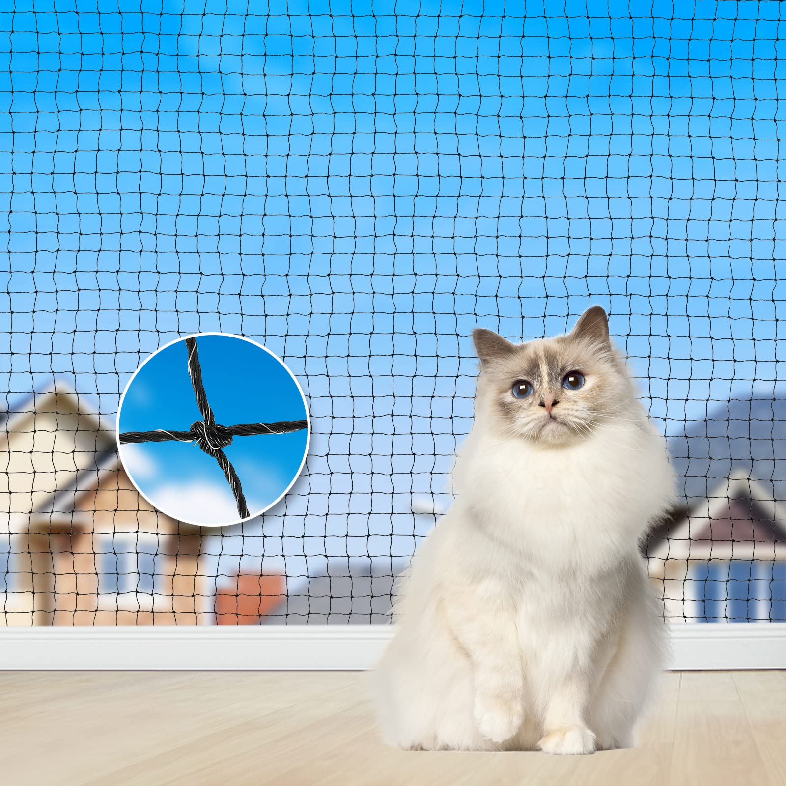 Aystkniet katzennetz für Balkon, 8 x 3 M Katzennetz Drahtverstärkt mit Befestigungsseil | Nägel | Kabelbinder, Biss-und reißfestes Balkonnetz, UV-beständig katzenschutznetz für Fenster Terrasse Tür