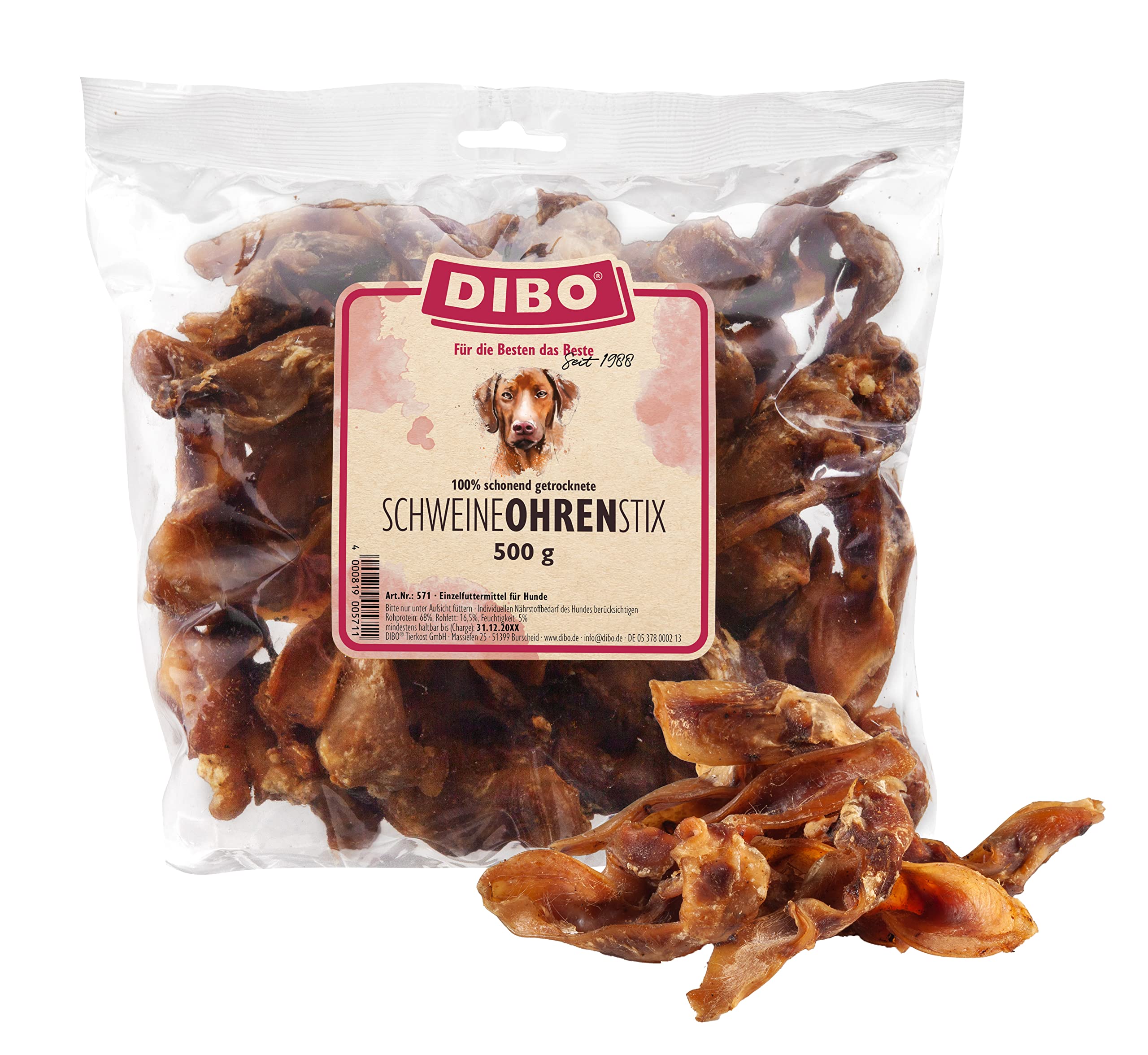 DIBO Schweine-Ohren-Stix, 500g-Beutel, der kleine Naturkau-Snack oder Leckerli für Zwischendurch, Hundefutter, Qualitätskauartikel ohne Chemie