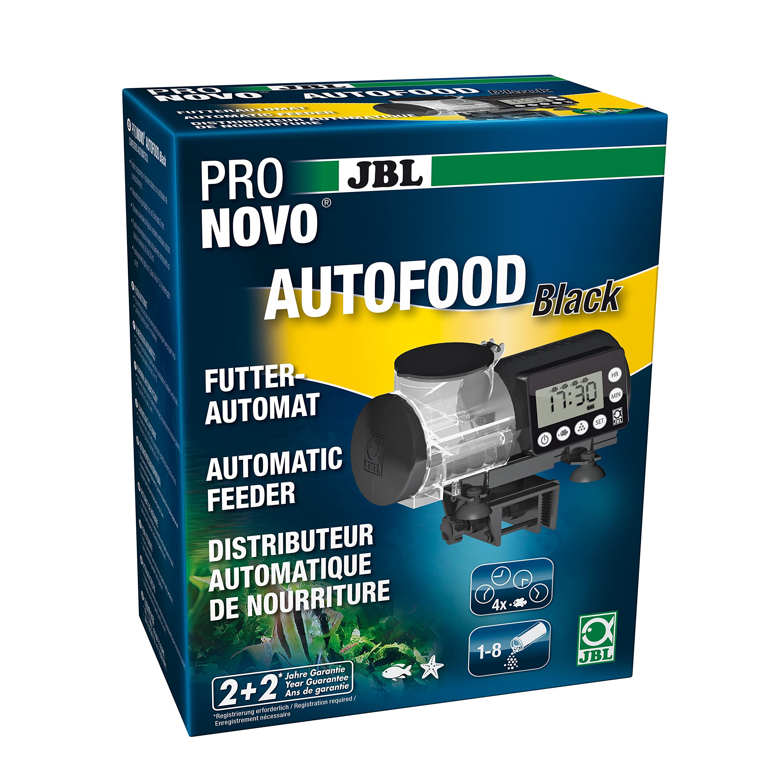 JBL PRONOVO AUTOFOOD, Futterautomat für Aquarium, Fütterung mit Fischfutter-Granulat bis zu 4x täglich, Inkl. Halterung und Adapterring zur Erweiterung des Volumens auf 375 ml, Schwarz