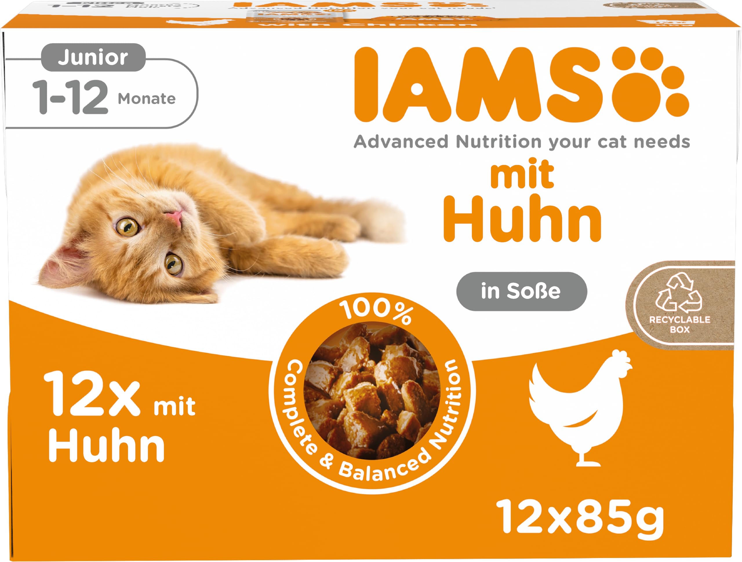 IAMS Delights Kitten Nassfutter – Multipack Katzenfutter mit Huhn in Sauce, hochwertiges Futter für Junior Kätzchen von 1-12 Monate, 12 x 85g