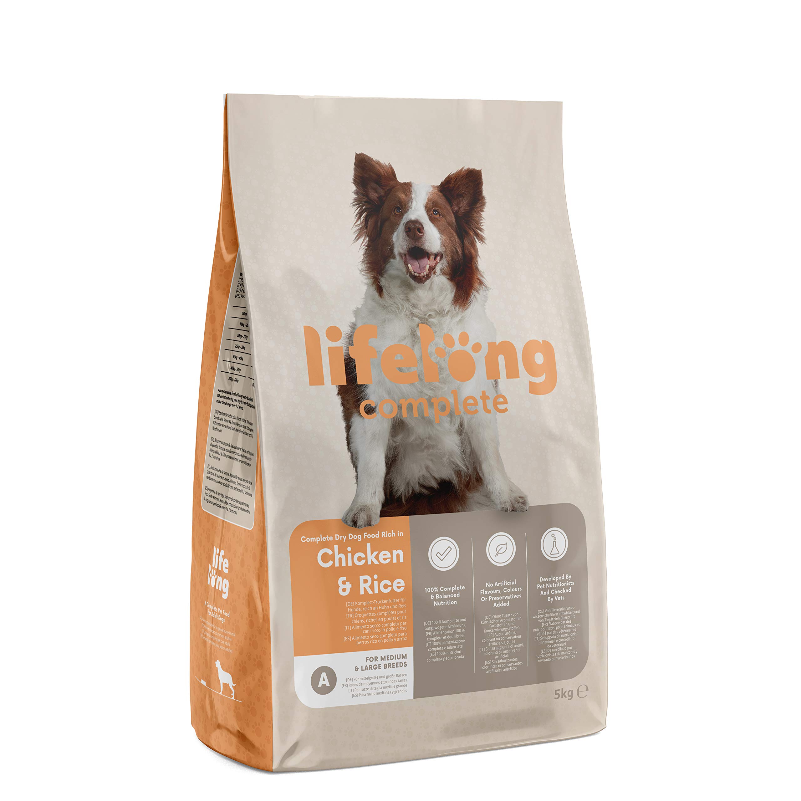 Lifelong – Hundefutter für ausgewachsene Hunde (Adult) aller Rassen, Fein zubereitetes Trockenfutter reich an Huhn und Reis, 5 kg (1er-Pack)