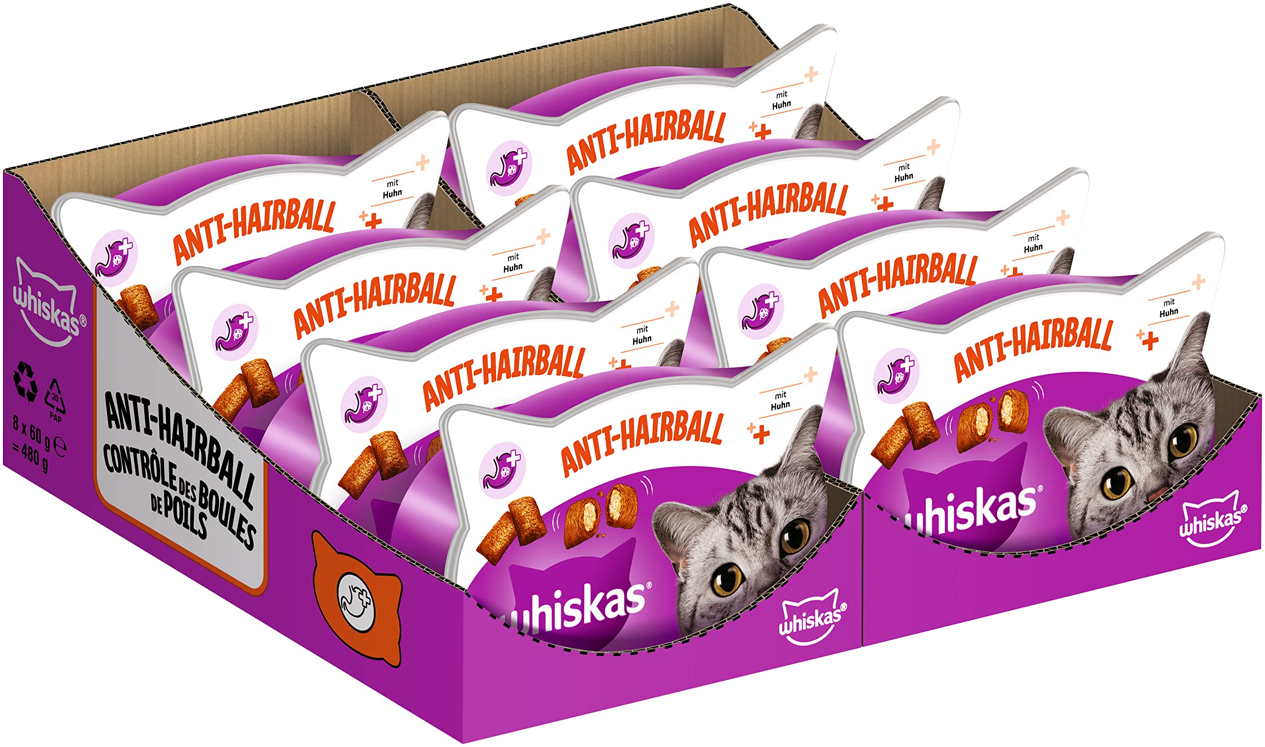 Whiskas Anti-Hairball Katzensnack gegen die Bildung von Haarbällen, 8x60g (8 Packungen) – unterschiedliche Produktverpackungen erhältlich