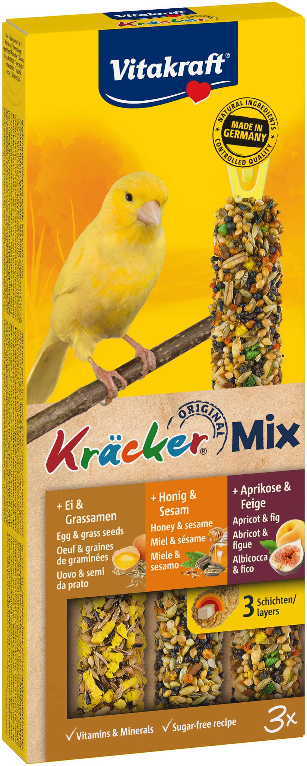 Vitakraft Kräcker Mix, Vogelsnack, Knabberstangen, mit Ei und Grassamen, mit Aprikose und Feige, mit Honig und Sesam, zur Schnabelpflege, ohne Zusatz von Zucker (1x 80g)