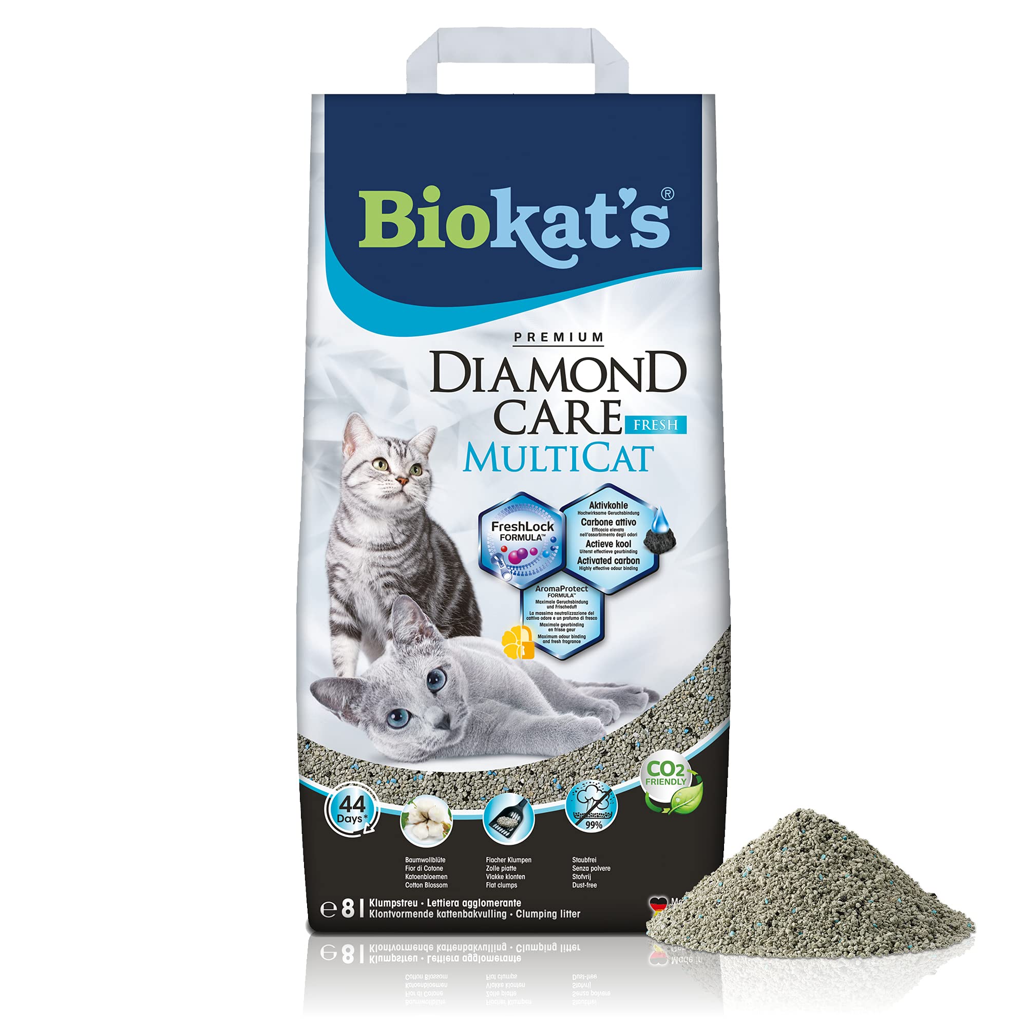 Biokat’s Diamond Care MultiCat Fresh Katzenstreu mit Duft – Feine Klumpstreu aus Bentonit mit Aktivkohle speziell für Mehrkatzen-Haushalte – 1 Sack (1 x 8 L)