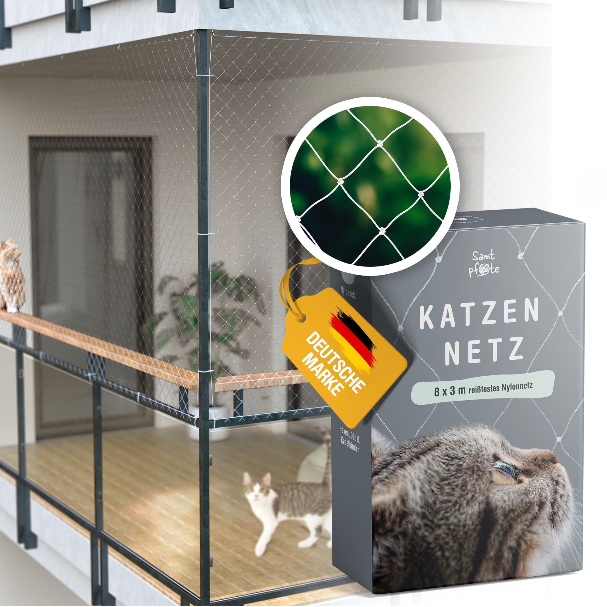 Samtpfote® Katzennetz für Balkon & Fenster – 8 x 3 m – Balkonnetz transparent und reißfest – Extragroßes und langlebiges Katzenschutznetz inkl. Montagematerial