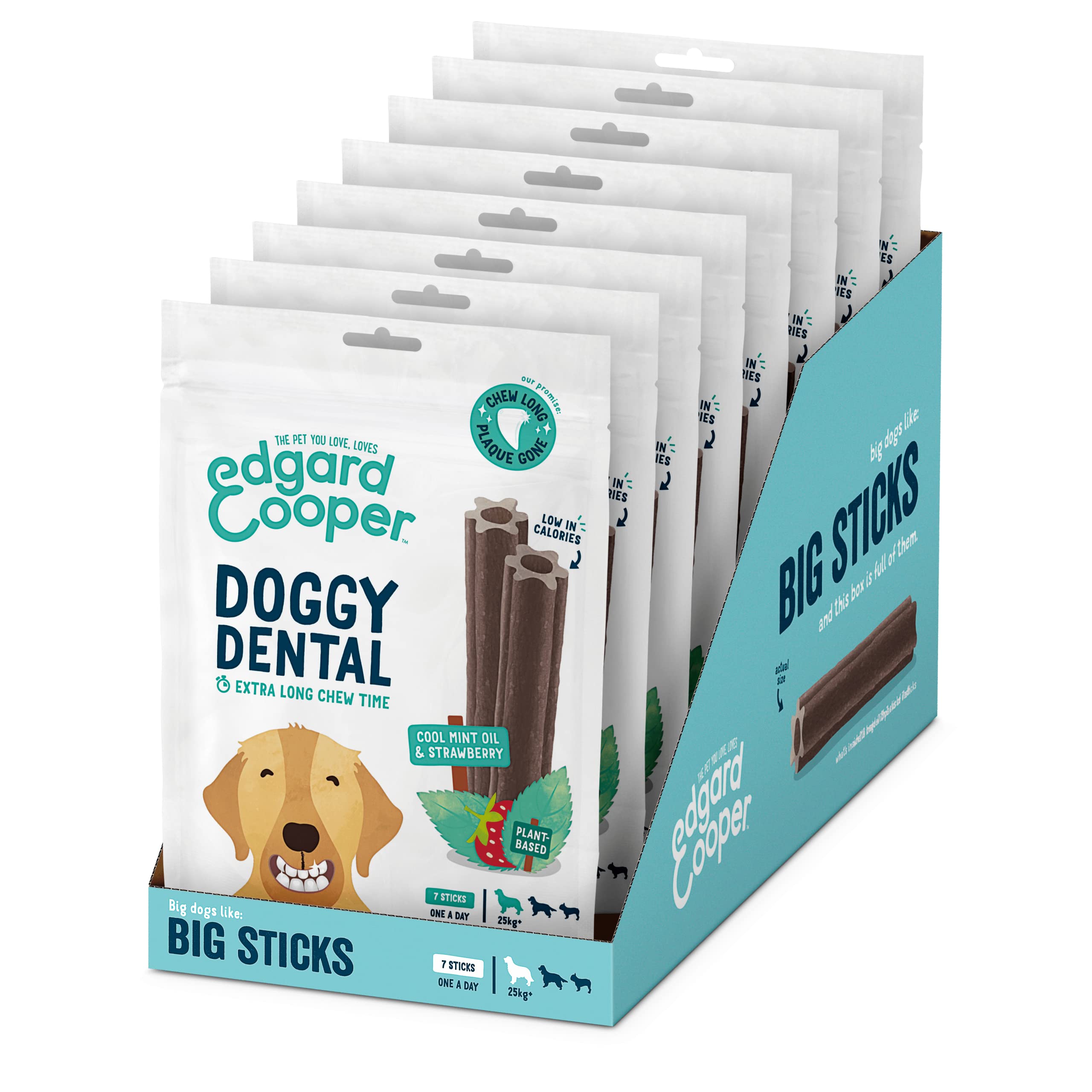 Edgard & Cooper Treats Dental Stick, Big – Erdbeere und Minze – (8 x 7 Stickpackung), natürliche Hundekaustäbchen, Zahnhygiene, 1 pro Tag, kalorienarm, langes Kauen, frischer Atem