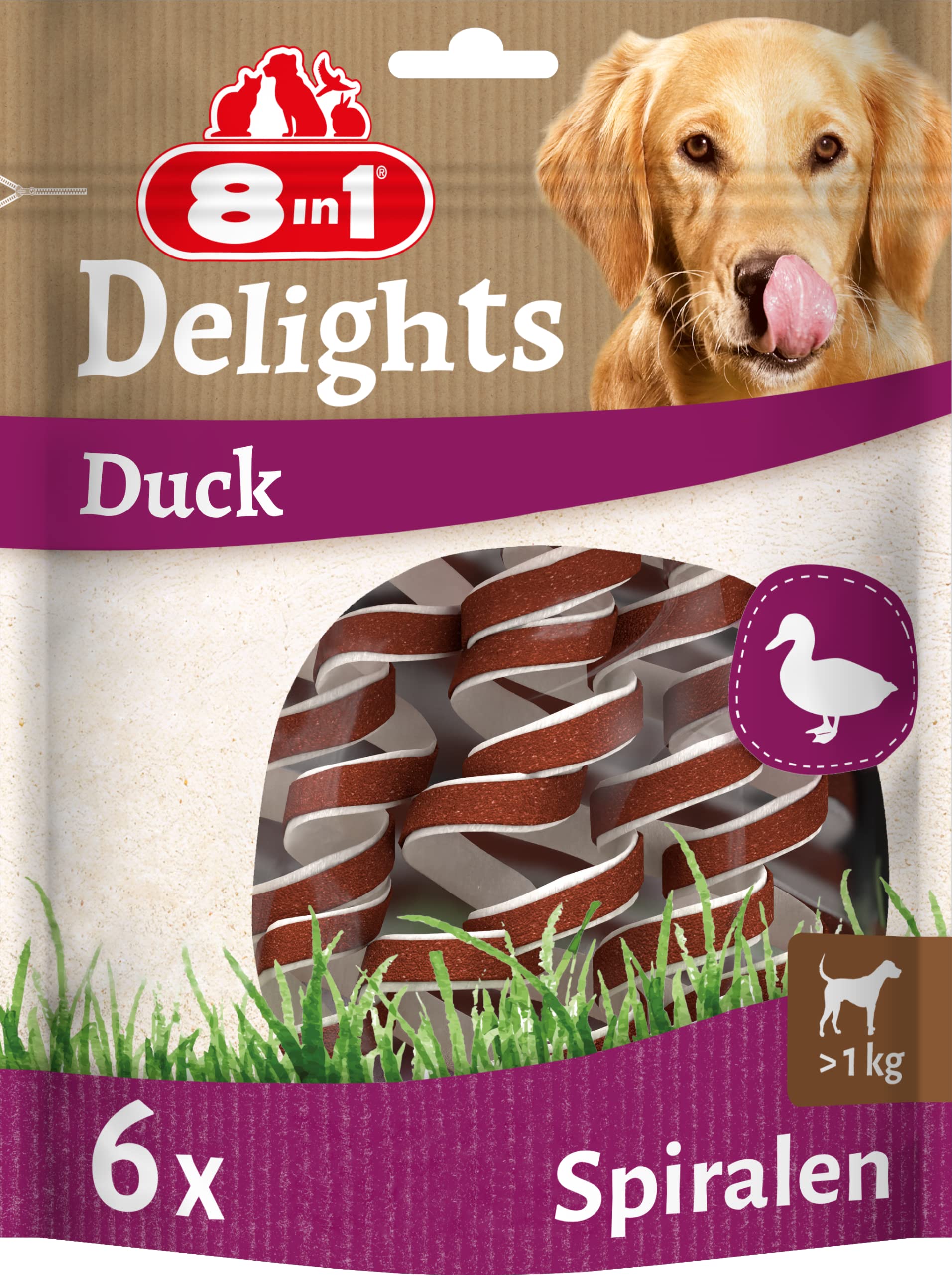 8in1 Delights Duck Kau-Spiralen – gesunder Kausnack für Hunde, hochwertiges Entenfleisch eingewickelt in Rinderhaut, 6 Stück