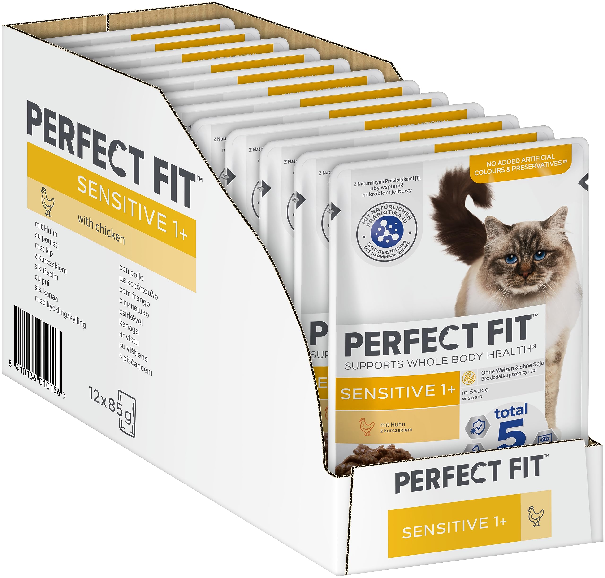 Perfect Fit Sensitive 1+ Katzennassfutter mit Huhn in Sauce, 12 Portionsbeutel, 12x85g – Premium Katzenfutter nass, für sensible Katzen ab 1 Jahr, ohne Weizen & Soja, zur Unterstützung der Verdauung