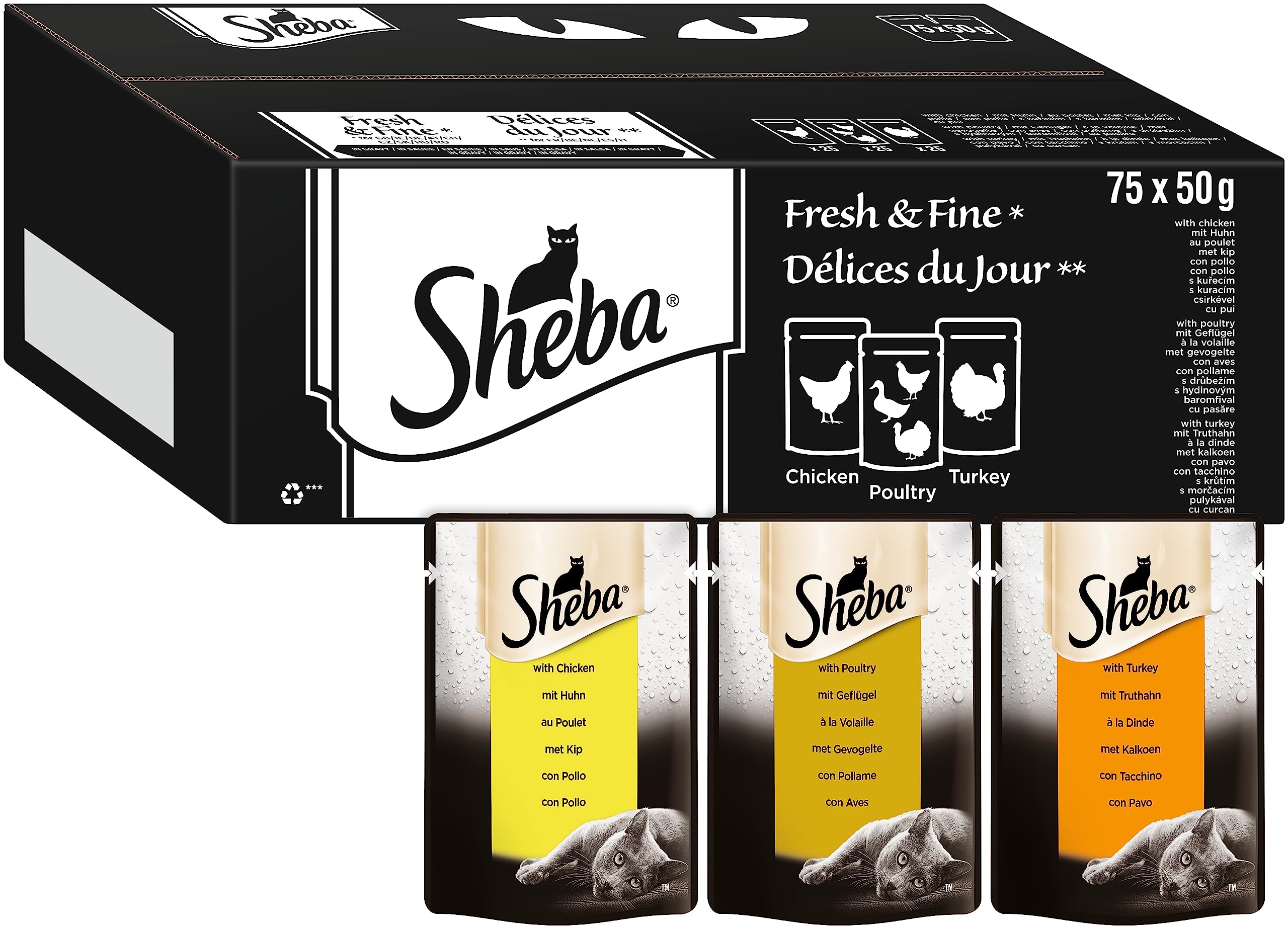 Sheba Fresh & Fine in Sauce – Hochwertiges Katzen Nassfutter – Portionsbeutel Multipack mit Huhn, Geflügel und Truthahn, 75 x 50g