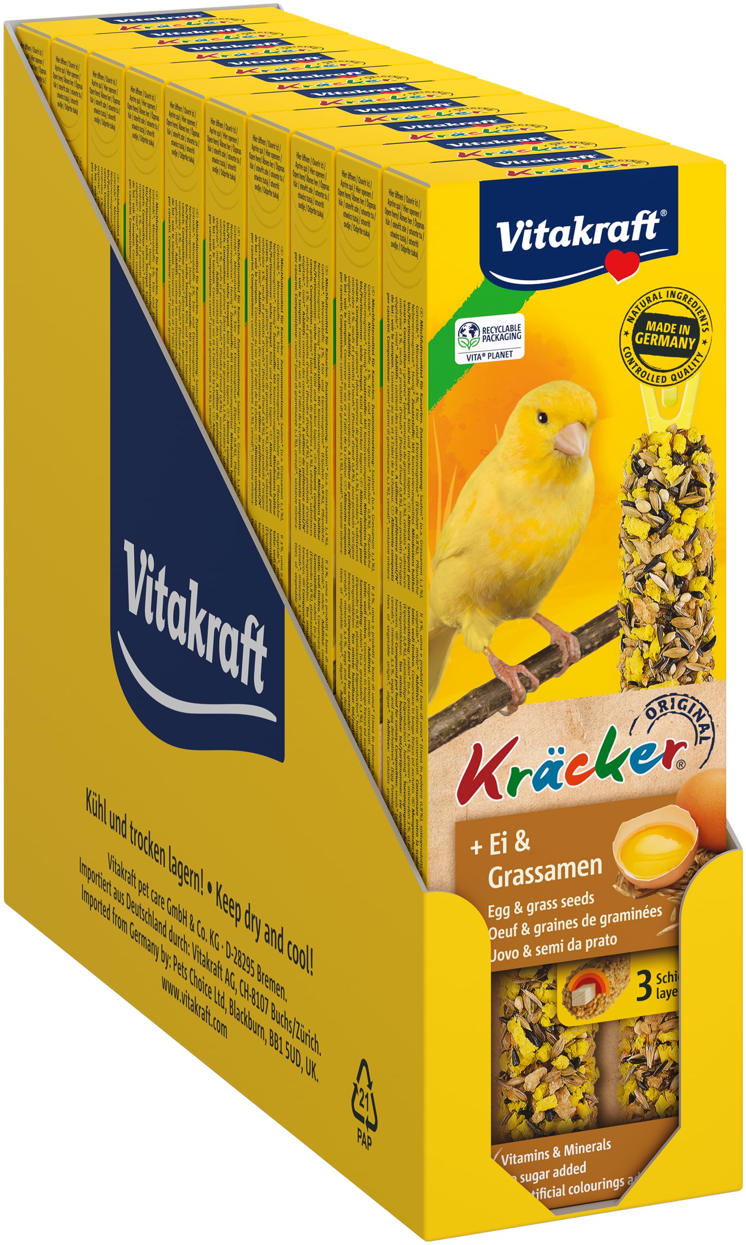 Vitakraft Kräcker, Knabberstangen für Kanarienvögel, mit Ei und Grassamen, mit Vitaminen und Mineralien, für langes Knabbervergnügen, ohne Zusatz von Zucker (10x 54g)