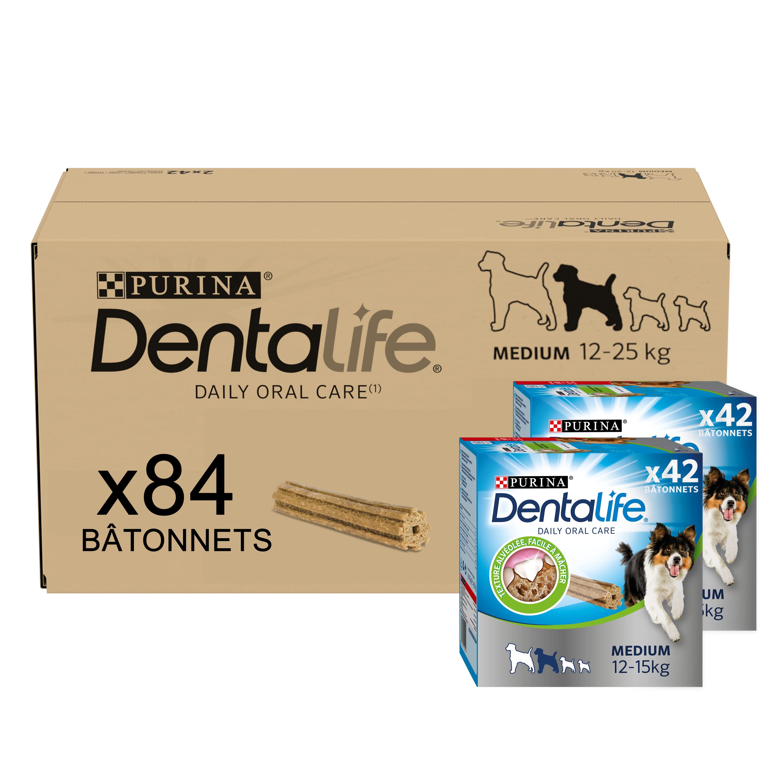 PURINA DENTALIFE MEDIUM | Leckerli für mittelgroße Hunde | 84 Kaustäbchen | Getreide | Maxi Pack | 2 x 966 g | 1,93 kg | Mundhygiene