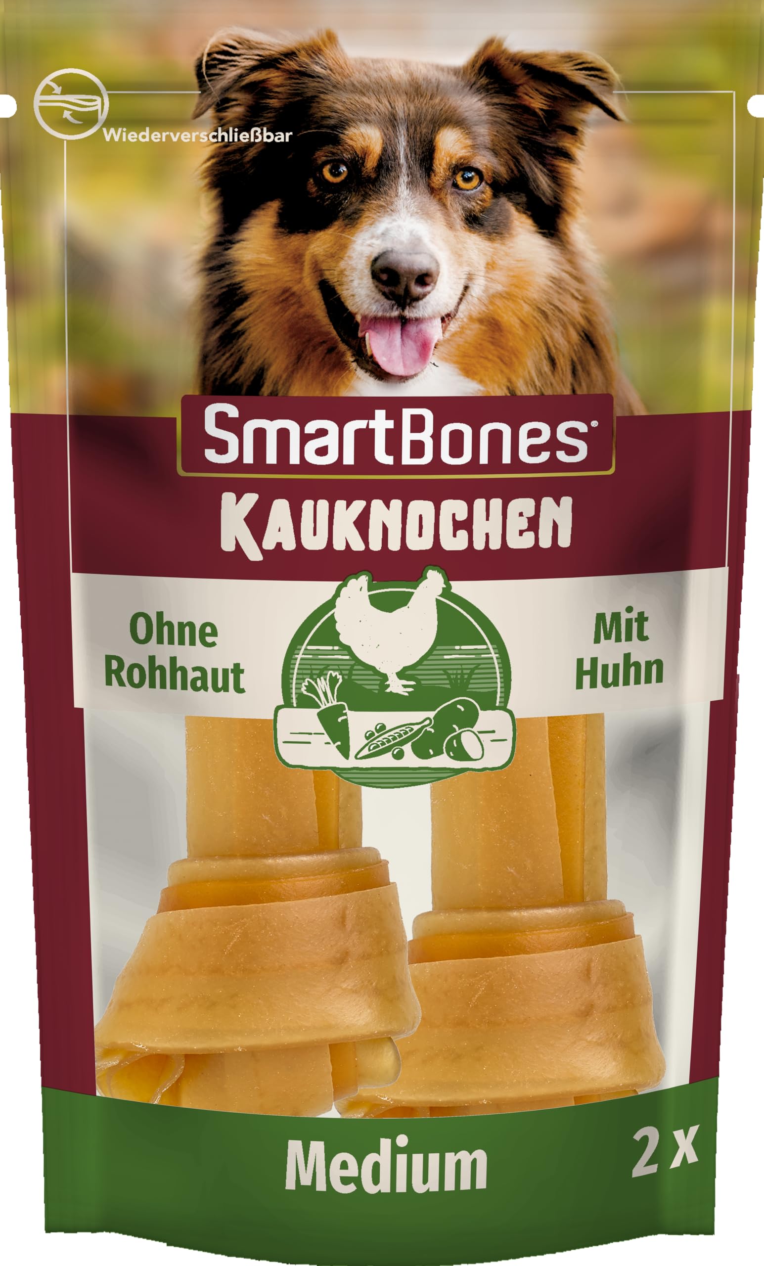 SmartBones Kauknochen Medium – Kausnack mit Huhn für mittelgroße Hunde, Knochen mit weicher Textur, ohne Rohhaut, 2 Stück