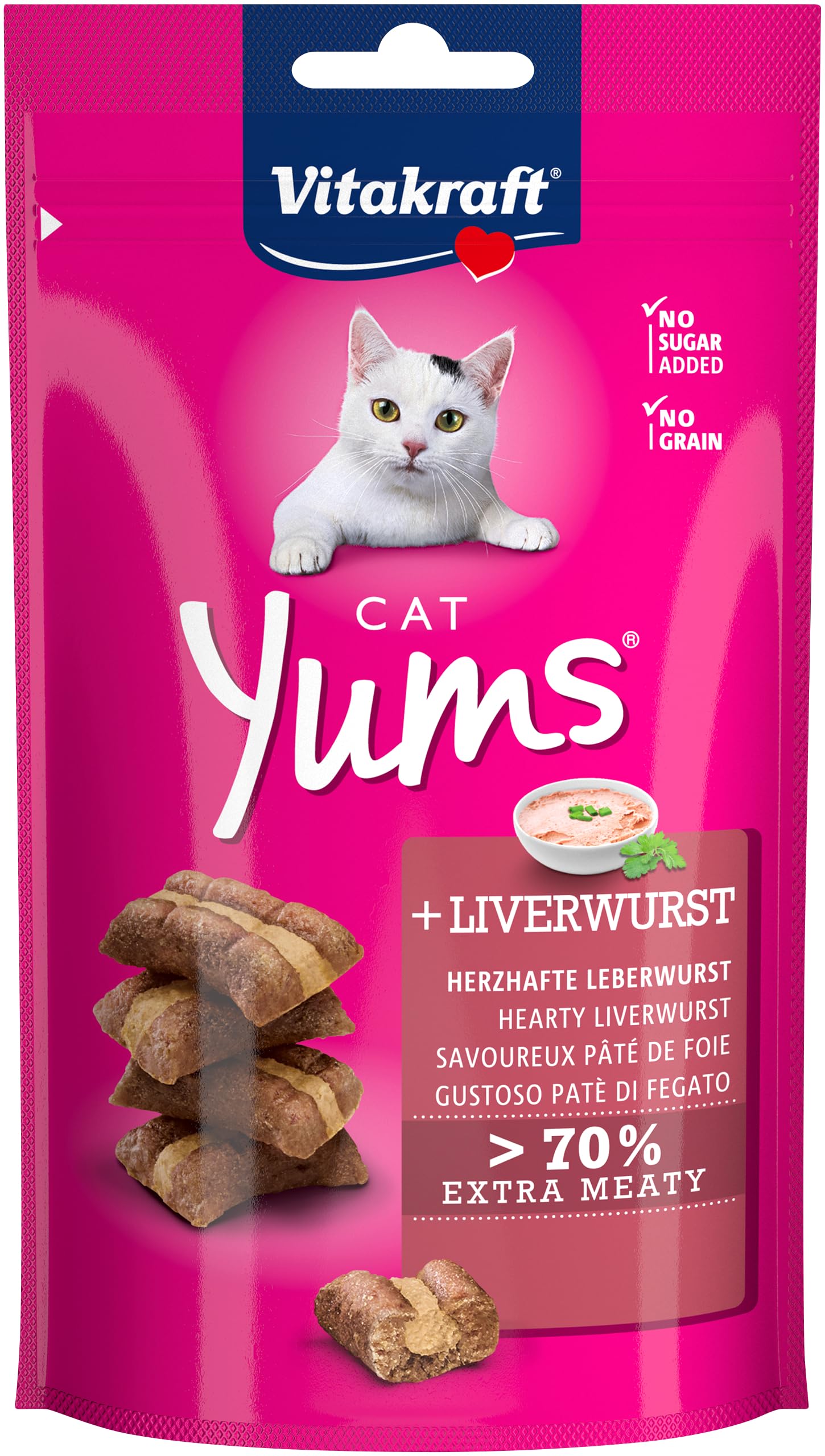 Vitakraft Cat Yums, Katzensnack, mit herzhafter Leberwurst, extra fleischig, mit sichtbarer Füllung, im wiederverschließbaren Beutel, ohne Zusatz von Zucker und Getreide (1x 40g)