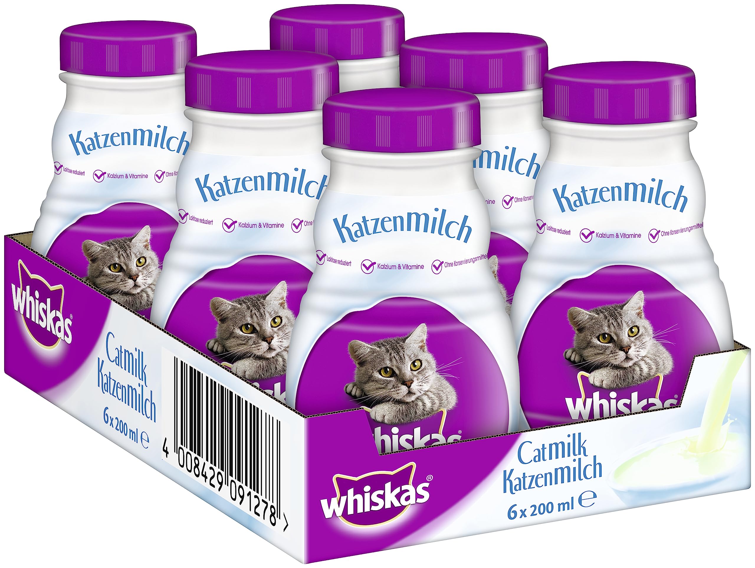 Whiskas Katzenmilch für Katzen ab 6 Wochen – Leckerer Snack für eine glückliche Katze – Laktosefrei und leicht verdaulich – Vorratspack mit 6 Flaschen à 200ml