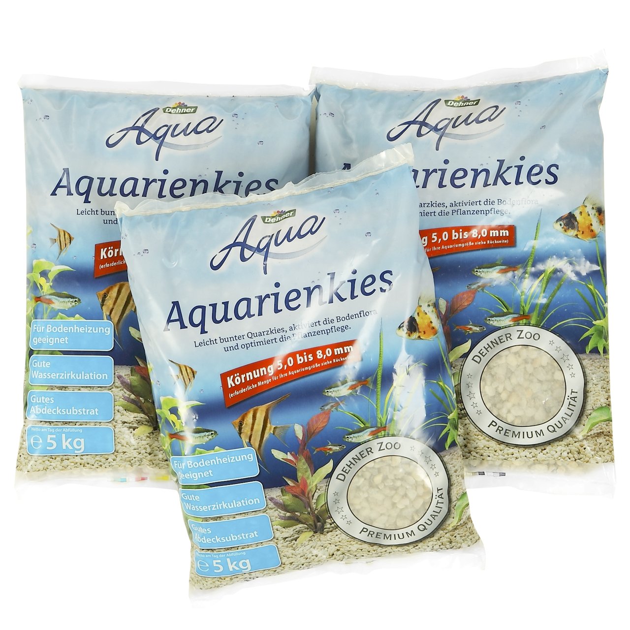 Dehner Aqua Aquarienkies, Körnung 5 – 8 mm, 3 x 5 kg (15 kg), weiß