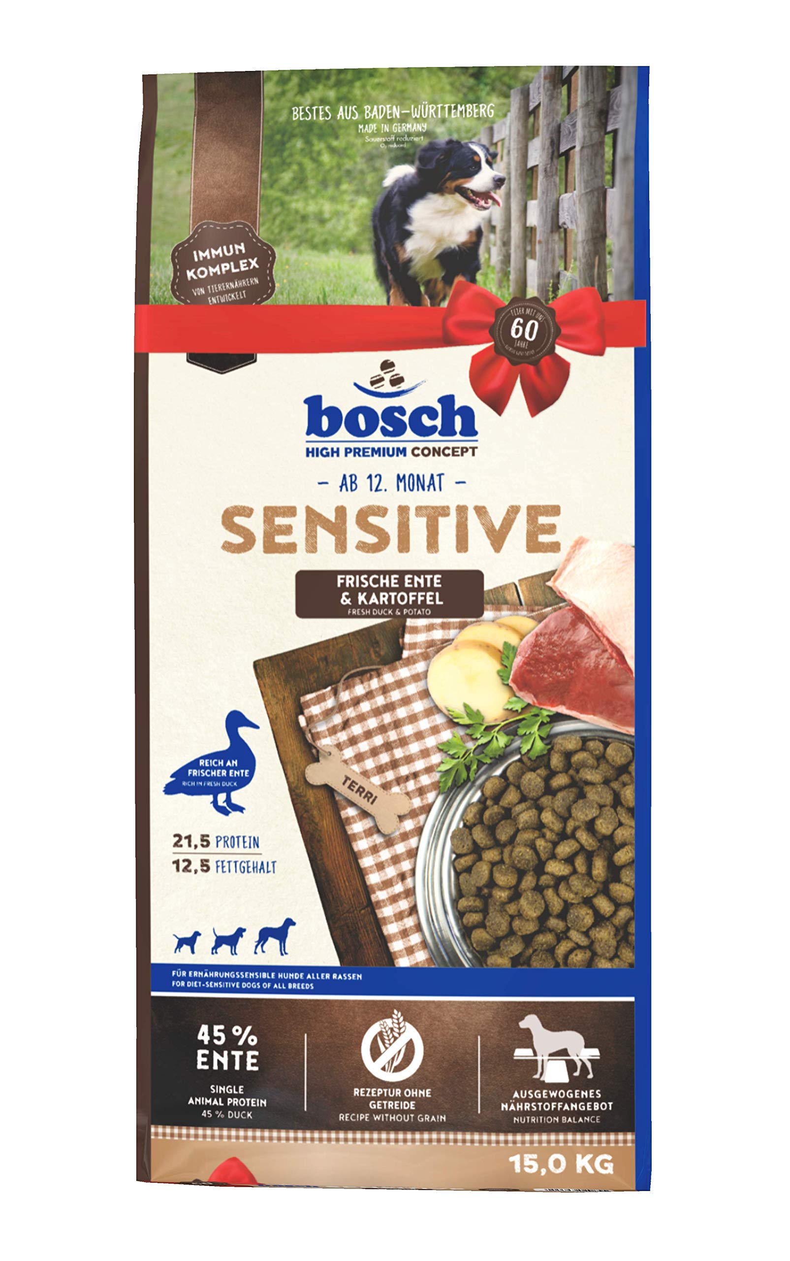 bosch HPC Sensitive Ente & Kartoffel | Hundetrockenfutter für ernährungssensible Hunde aller Rassen | 1 x 15 kg