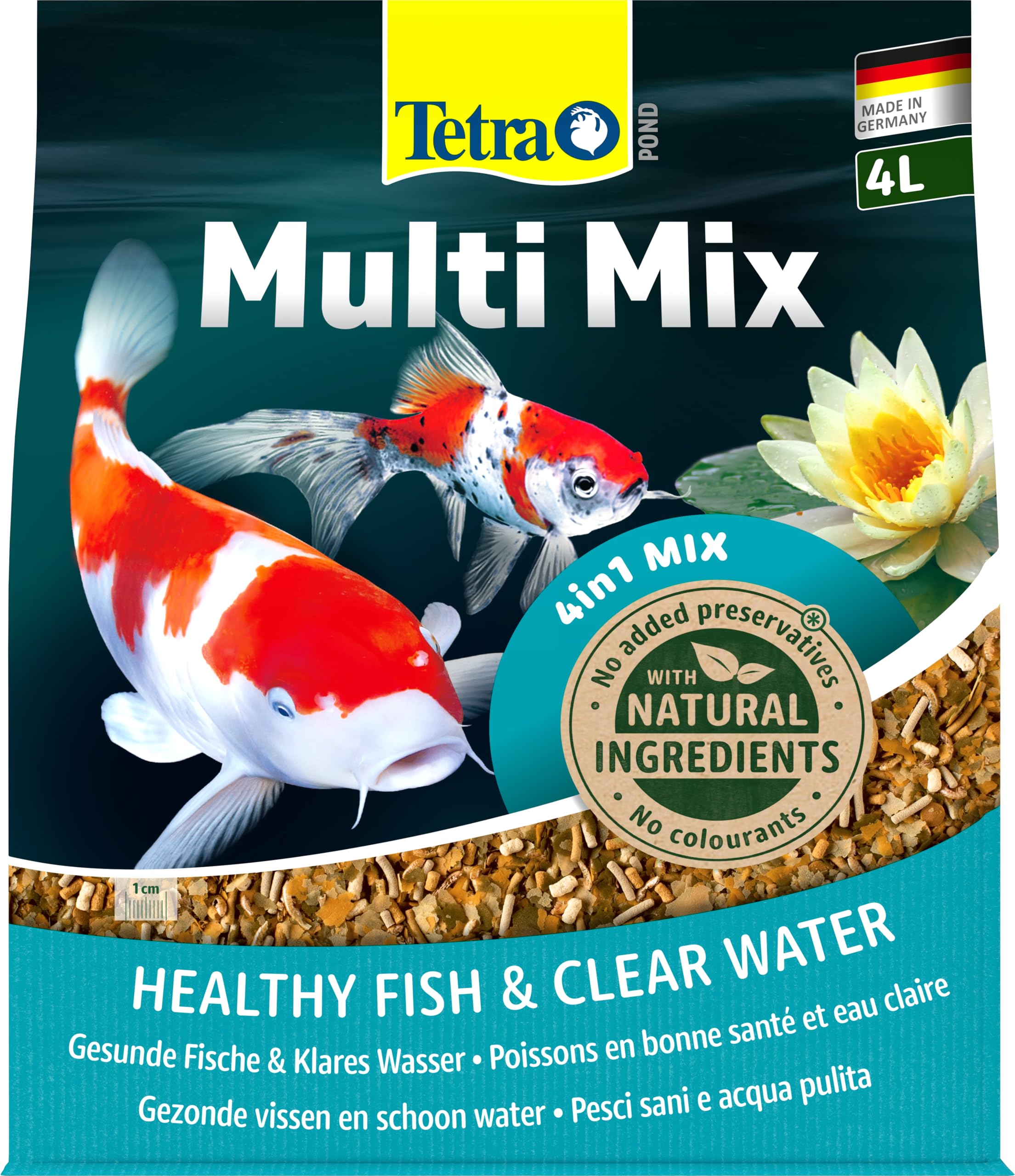 Tetra Pond Multi Mix – Fischfutter für gemischten Besatz im Teich, enthält vier verschiedenen Futtersorten (Flockenfutter, Futtersticks, Gammarus, Wafer), 4 L Beutel