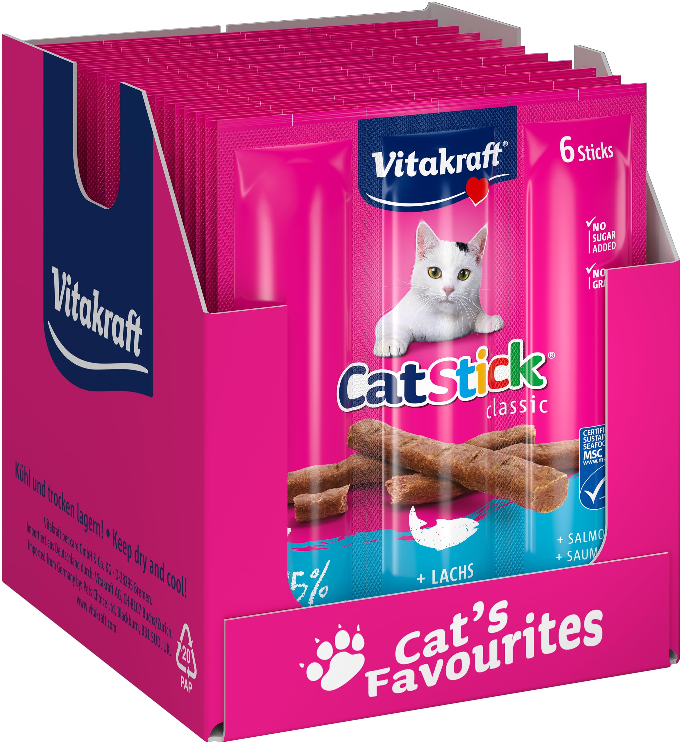 Vitakraft Cat Stick Classic, Katzensnack, fleischige Mini-Sticks, mit Lachs, in Vorratsgröße, ohne Zusatz von Zucker und Getreide (10x 36g)