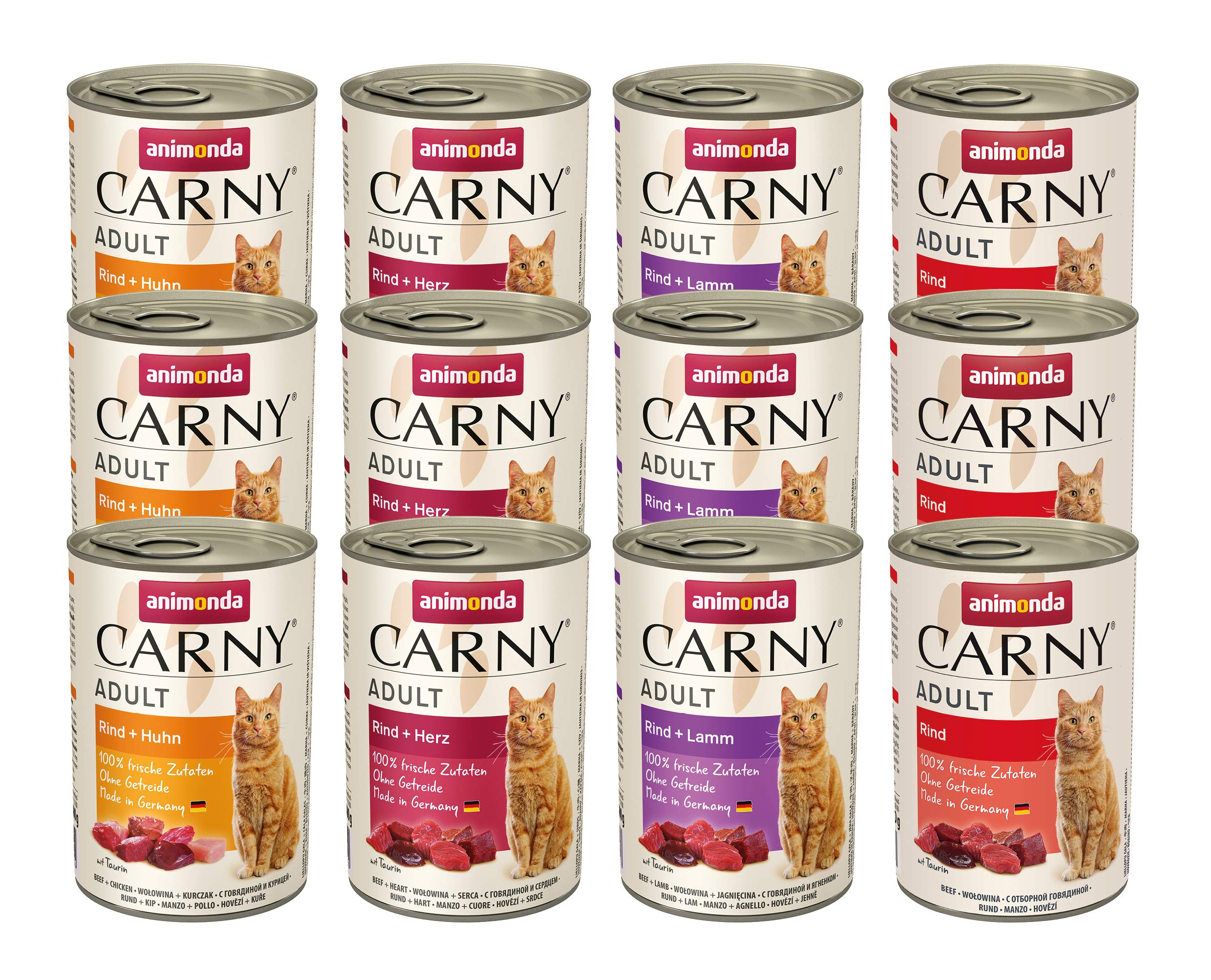 Carny Katzen Nassfutter Mix Herzhafte Variation (12 x 400g), Katzen Nassfutter ohne Getreide und Zucker für ausgewachsene Katzen von animonda mit frischen fleischlichen Zutaten