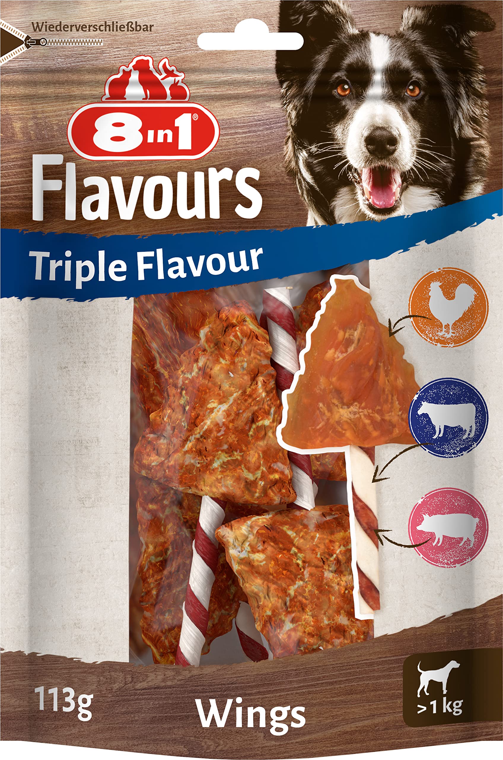 8in1 Triple Flavour Wings Kaustangen für Hunde – Kausnacks mit extra viel Fleisch, 113g Beutel (ca. 6 Stück)