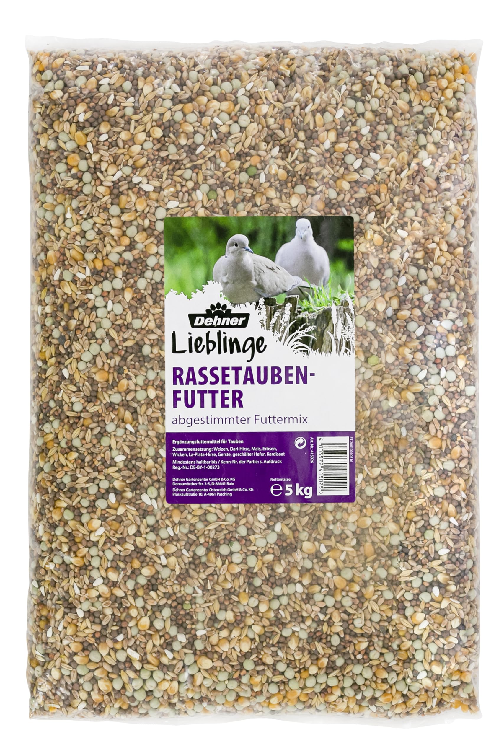 Dehner Rassetaubenfutter in Markenqualität | Taubenfutter | Vogelfutter für Tauben | Körnermischung | Ergänzungsfutter für Rassetauben | hochwertiger Futtermix mit Erbsen, Mais und Hirse | 5 kg