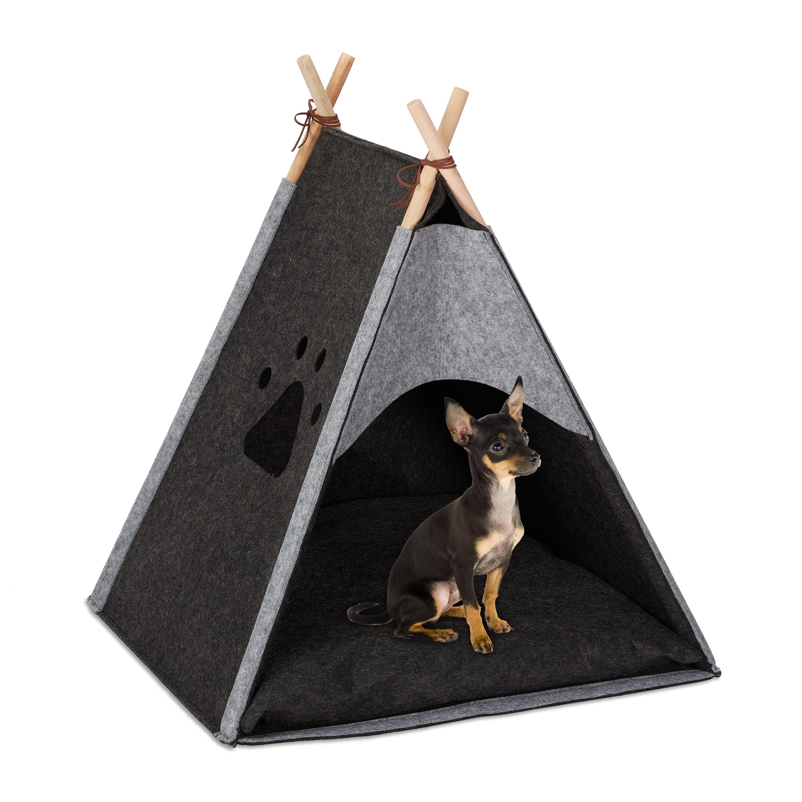 Relaxdays Hundezelt, Haustiertipi für kleine Hunde & Katzen, Filz & Holz, mit Kissen, 70,5 x 59,5 x 59 cm, dunkelgrau, 1 Stück