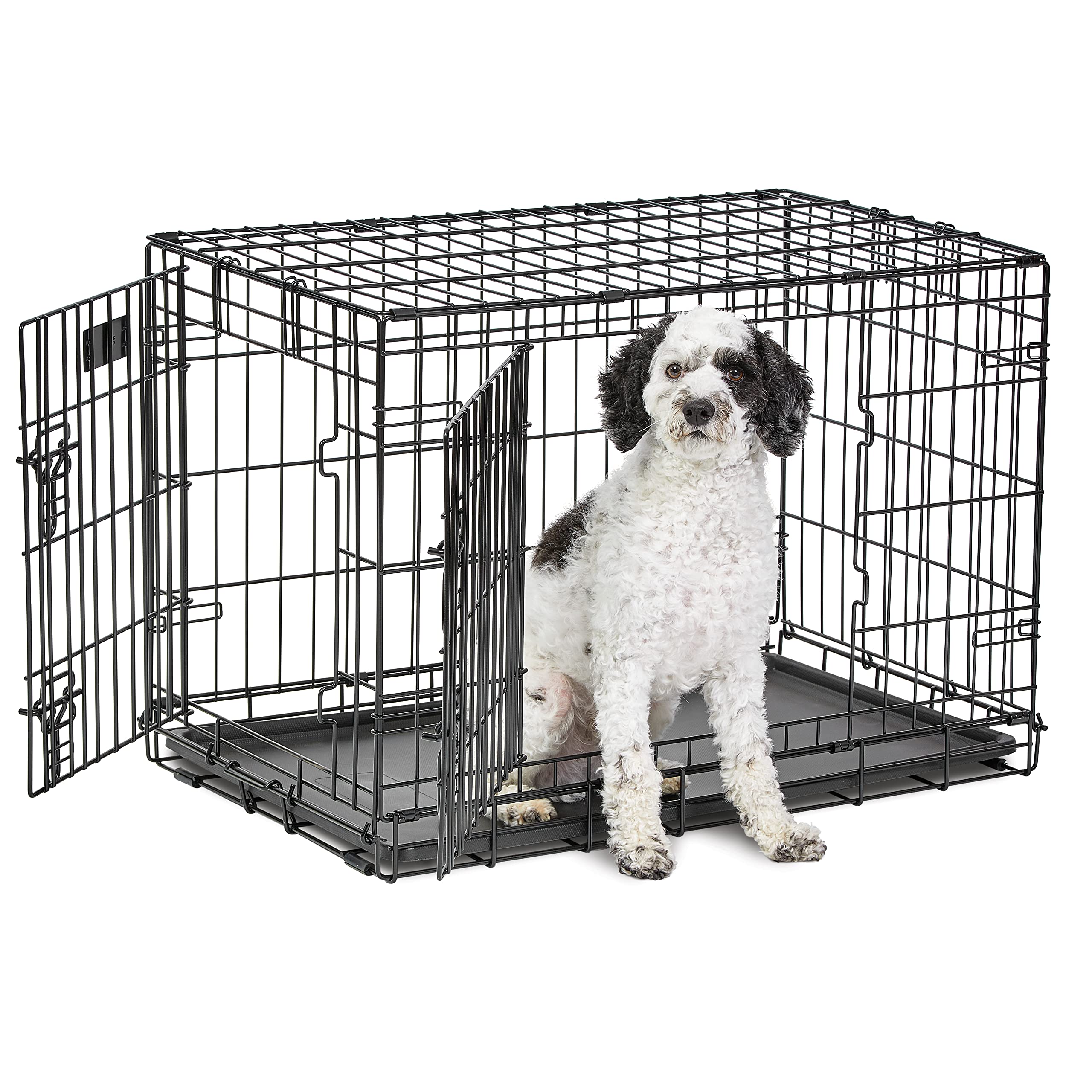 MidWest Homes for Pets Life Stages Modell 1630DD Hundebox, mittelgroß, Doppeltür, faltbar, Metall, 76 cm lang, mit Trenneinsatz, Bodenschutz, auslaufsicherer Wanne, für mittelgroße Hunde, schwarz