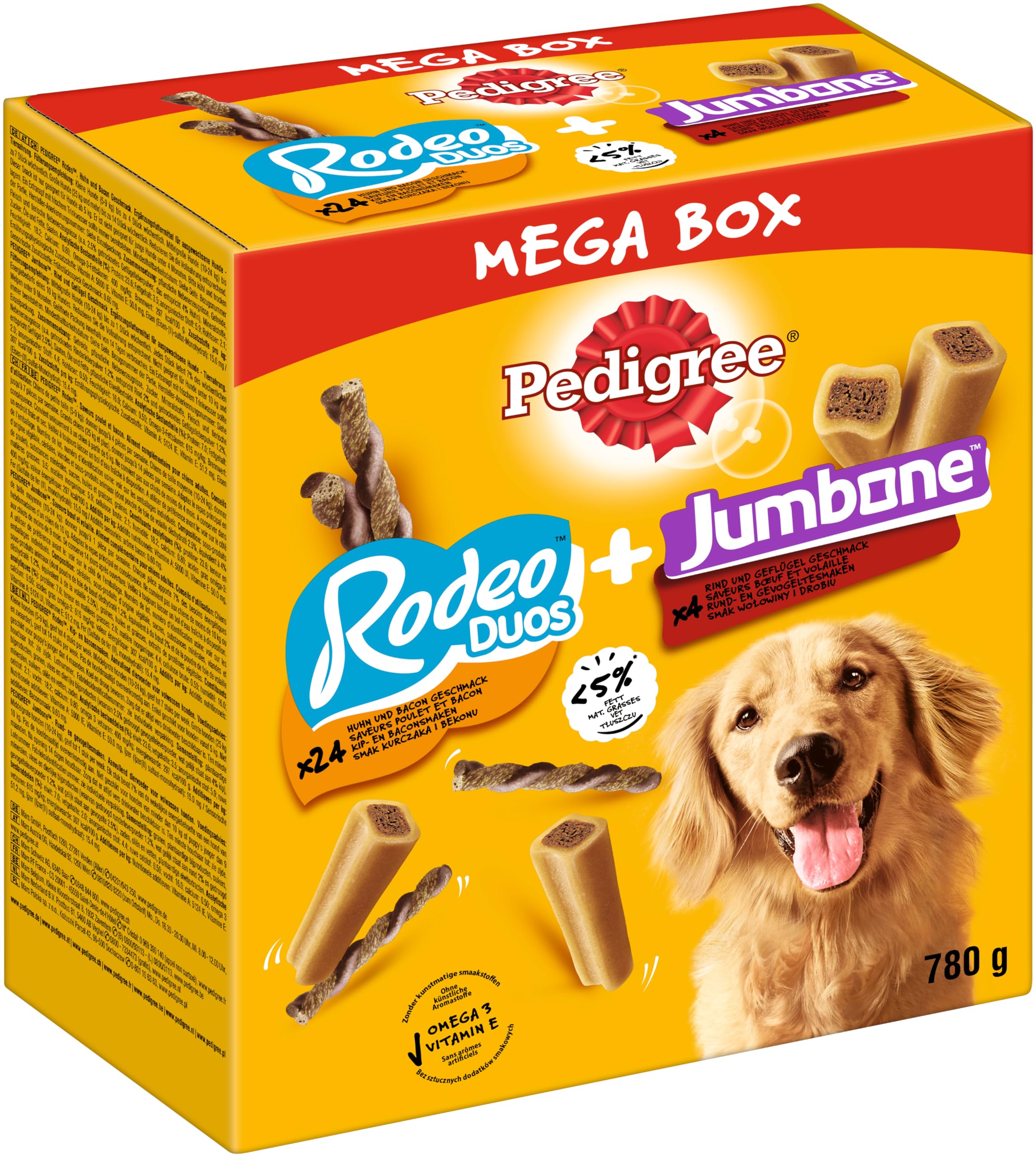 Pedigree Hundesnacks Mixpack mit Rodeo Duos Huhn & Bacon (24 Stück) und Riesenknochen Rind & Geflügel (4 Stück), 780g