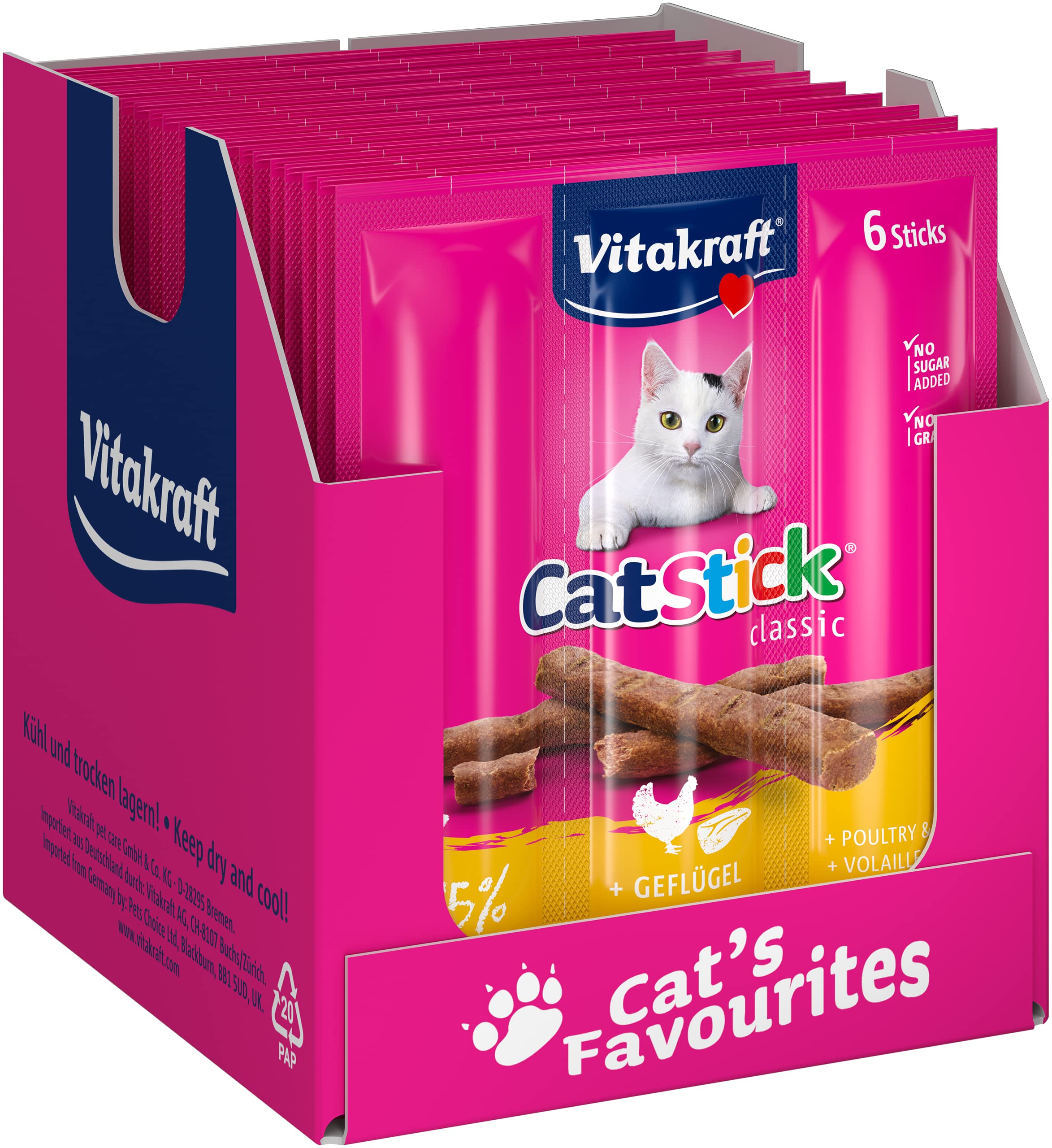 Vitakraft Cat Stick Classic, Katzensnacks, fleischige Mini-Sticks, mit Geflügel und Leber, in Vorratsgröße, ohne Zusatz von Zucker und Getreide (10x 36g)