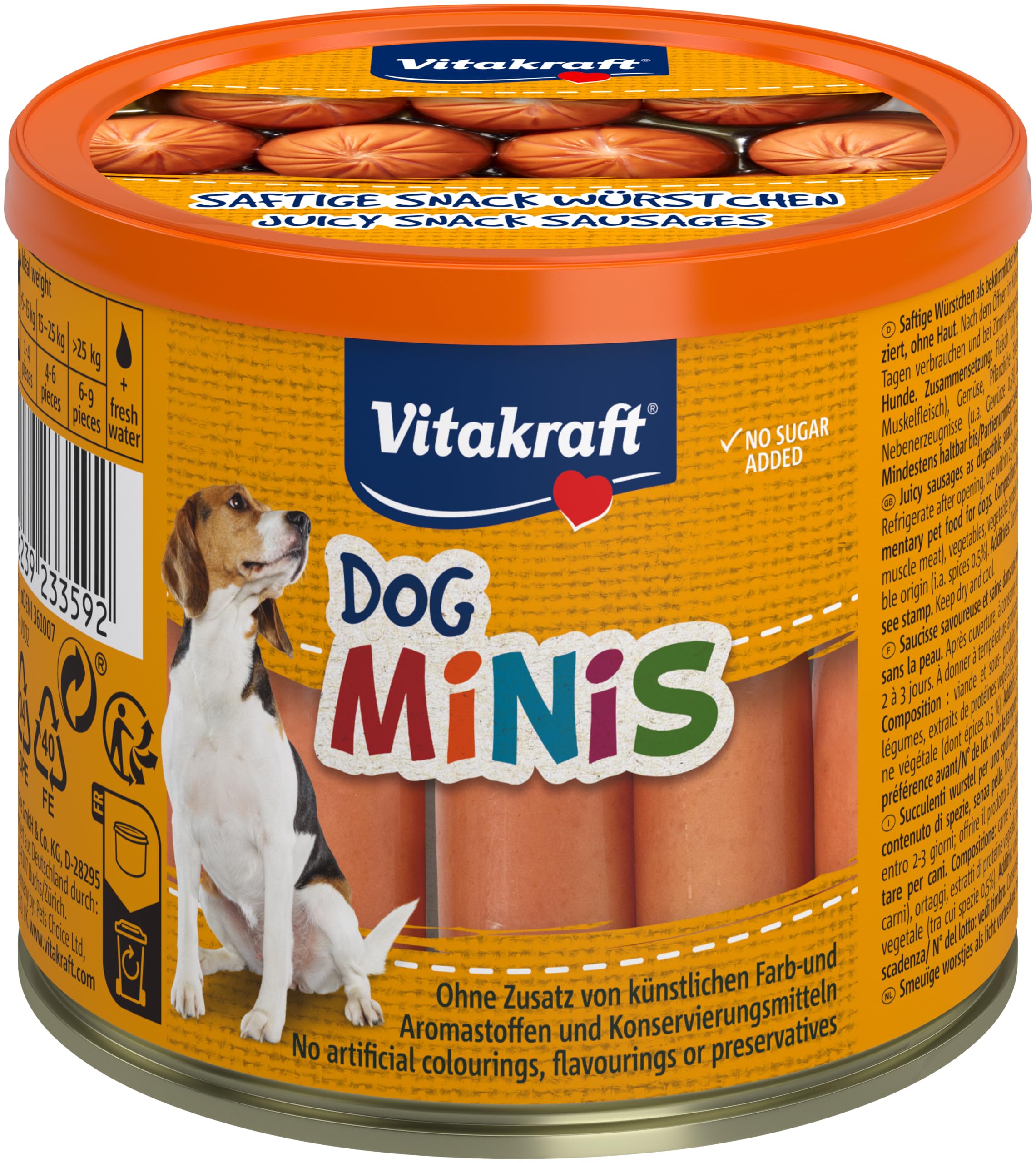 Vitakraft Dog Minis, Hundeleckerli getreidefrei, Würstchen, Belohnung für zwischendurch, mit Geflügel, gewürzreduziert, in wiederverschließbarer Dose, ohne Zusatz von Zucker (1x 120g)