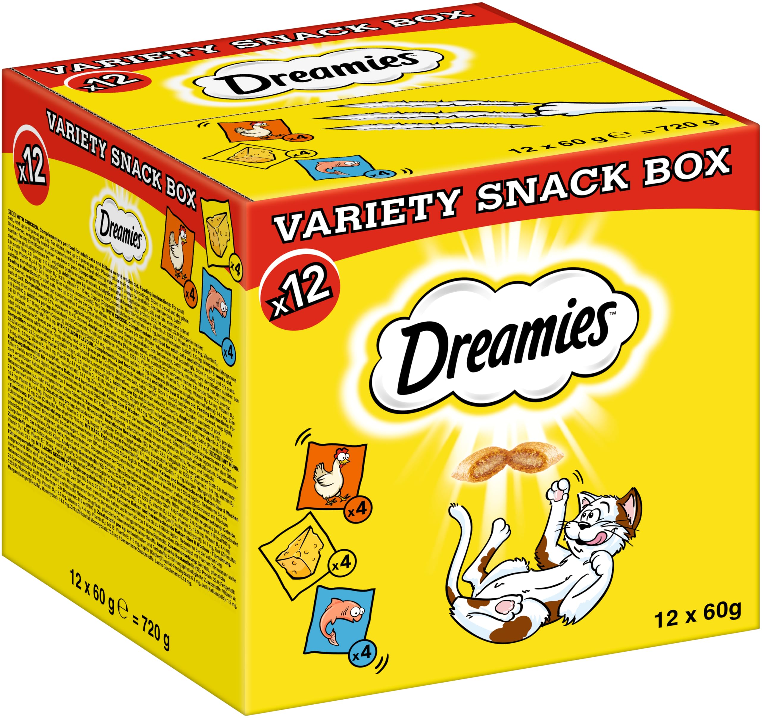 Dreamies Katzensnacks mit Huhn–, Käse– und Lachsgeschmack, 12x60g (1 Variety Snack Box) – Außen knusprige & innen cremige Katzenleckerlis in verschiedenen Geschmacksrichtungen