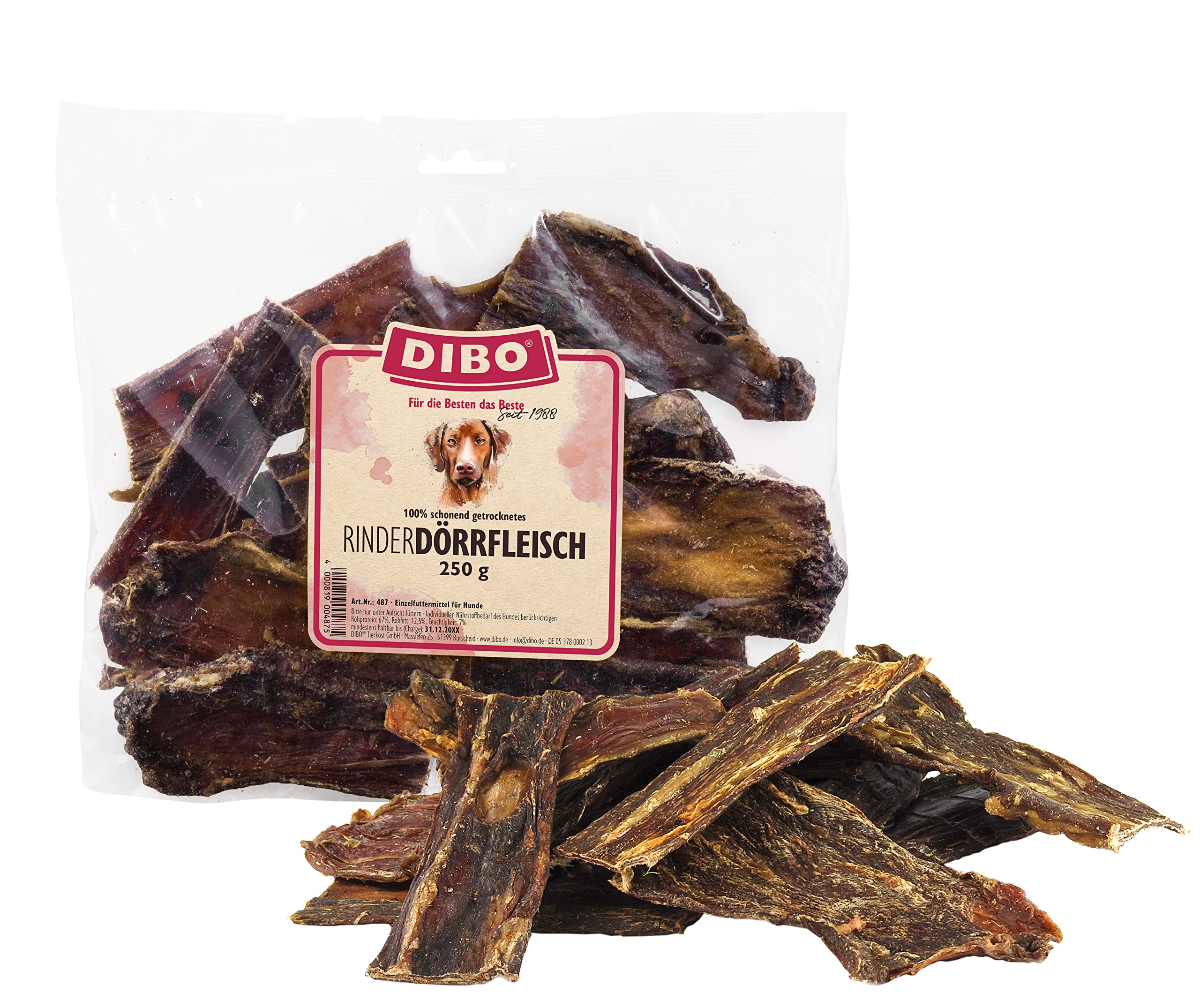 DIBO Dörrfleisch, 250g-Beutel, Naturkau-Snack oder Leckerli für Zwischendurch, Hundefutter, Qualitätskauartikel ohne Chemie von DIBO