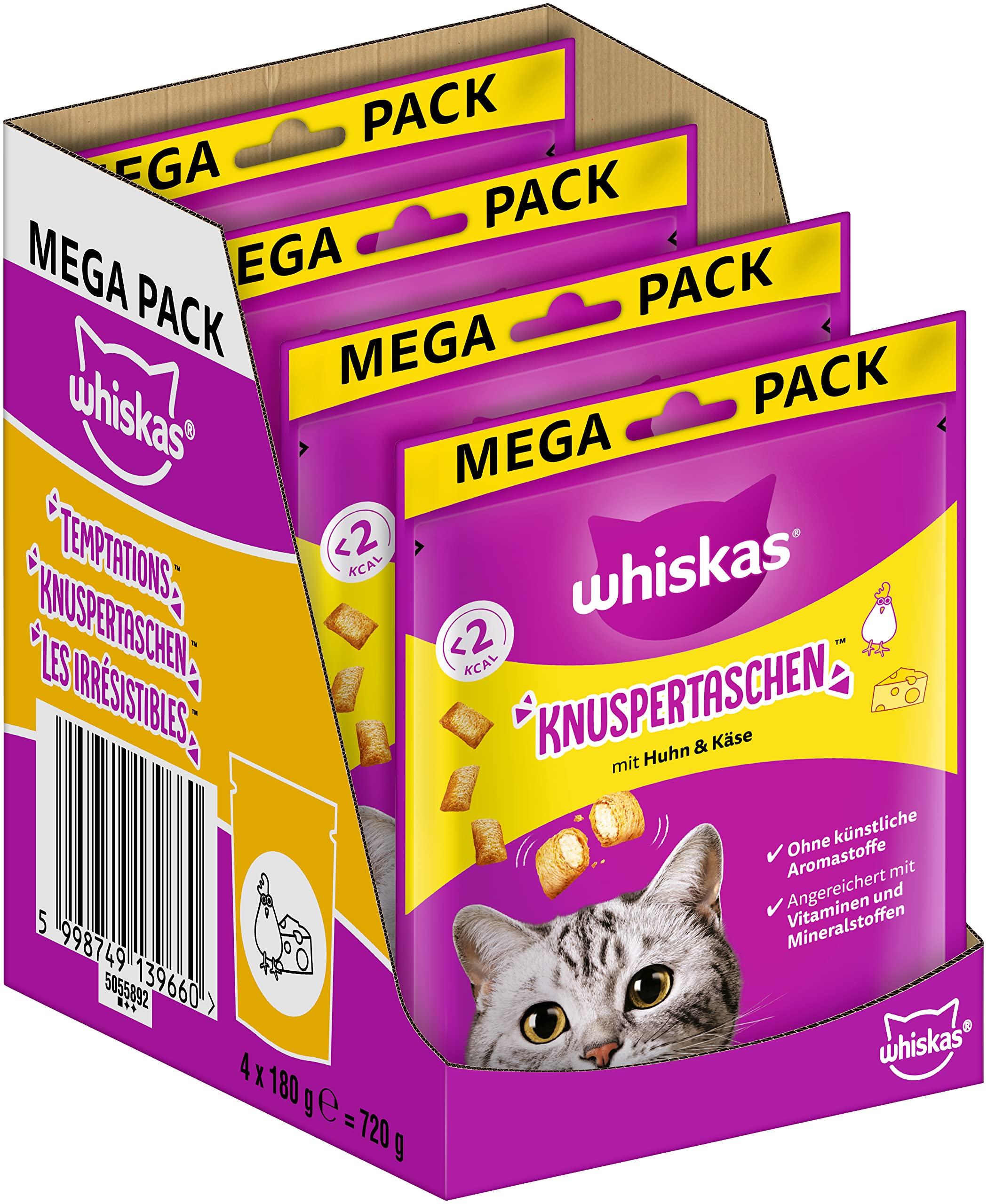 Whiskas Knuspertaschen Katzensnack mit Huhn– & Käsegeschmack, 4er Pack, 4x180g – Katzenleckerlis für erwachsene Katzen