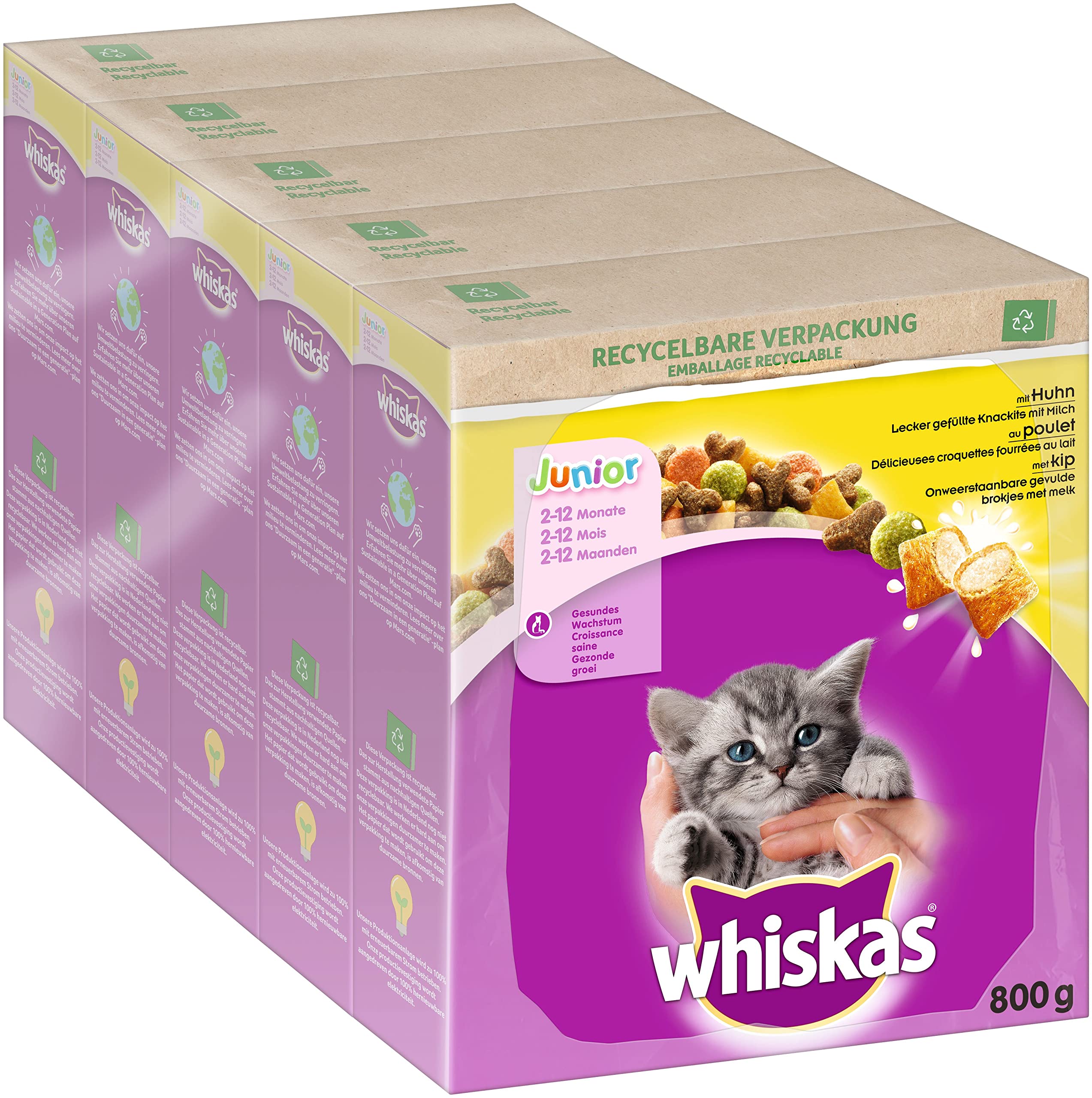 Whiskas Junior Trockenfutter Huhn, 5x800g (5 Packungen) – für heranwachsende Katzen – Extra kleine Kibbles für Kätzchen (2-12 Monate) – unterschiedliche Produktverpackungen erhältlich