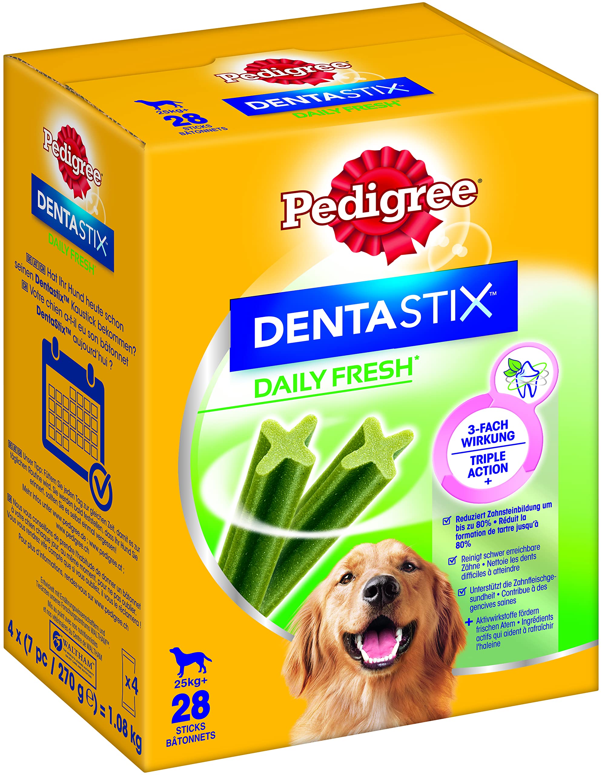 Pedigree DentaStix Daily Fresh Zahnpflegesnack für große Hunde (+25kg), 112 Sticks, 4er Pack, 4×28 Stück – Hundeleckerlis für jeden Tag, für gesunde Zähne und einen frischen Atem