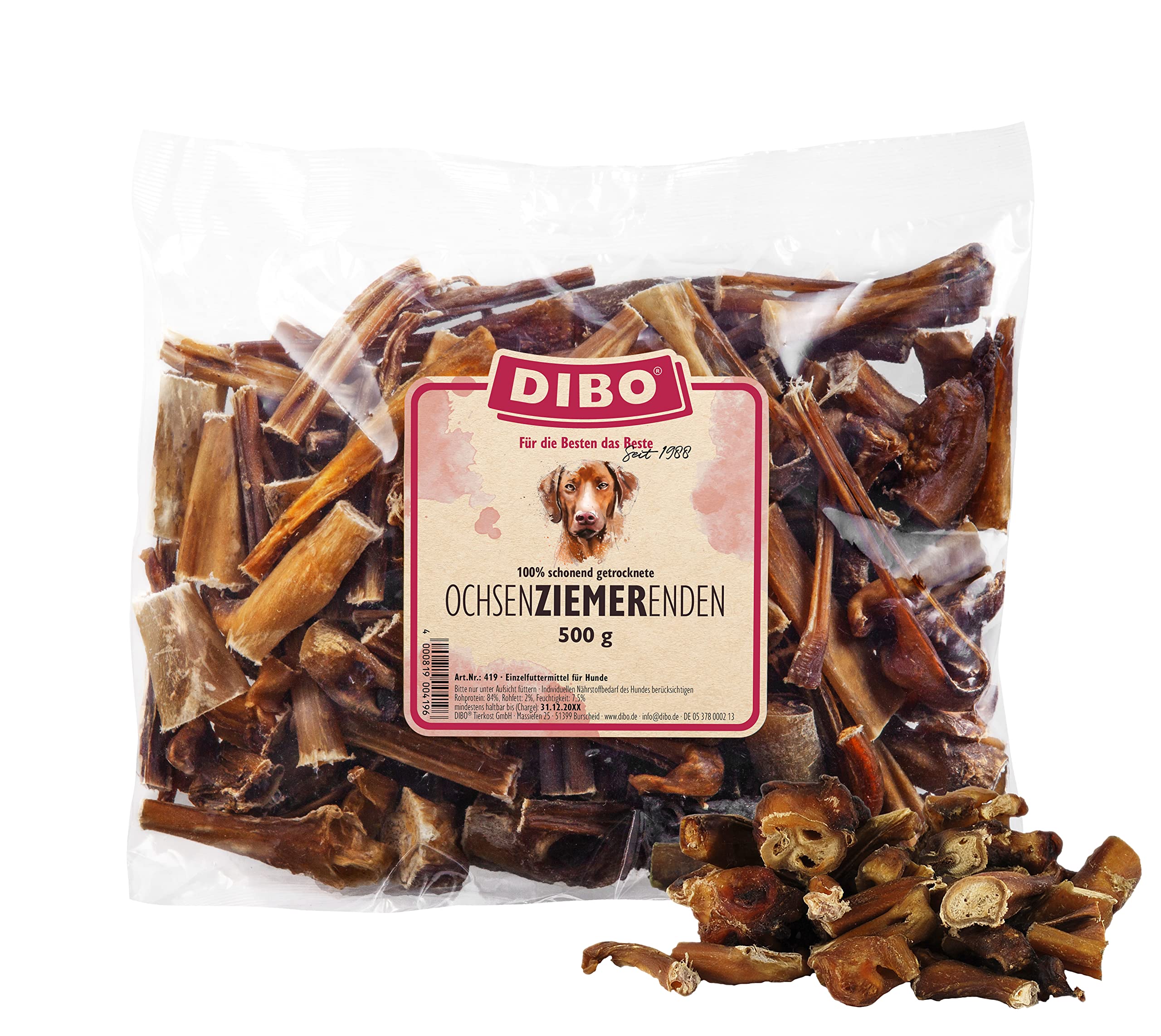 DIBO Ochsenziemerenden, 500g-Beutel, der kleine Naturkau-Snack oder Leckerli für Zwischendurch, Hundefutter, Qualitätskauartikel ohne Chemie