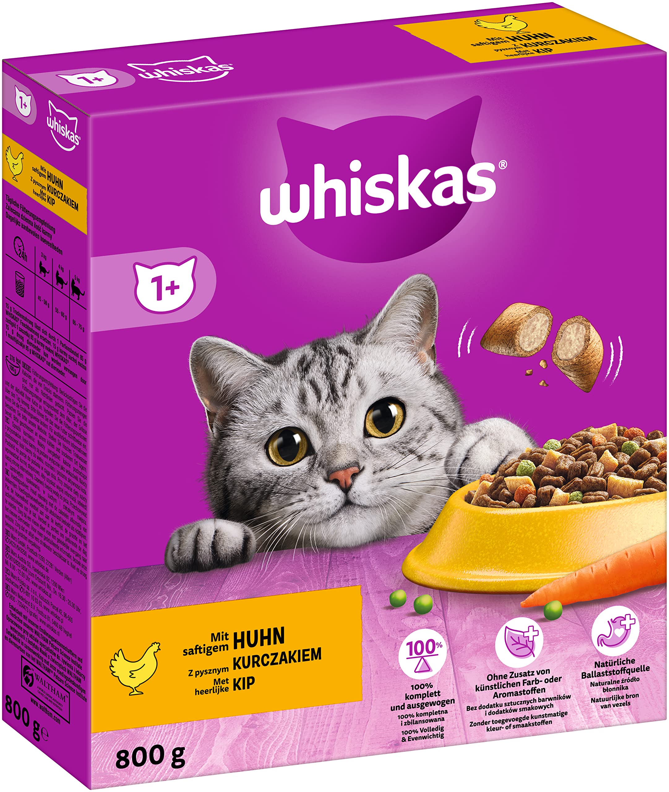 Whiskas Adult 1+ Trockenfutter Huhn, 5x800g (5 Packungen) – Katzentrockenfutter für erwachsene Katzen – unterschiedliche Produktverpackungen erhältlich