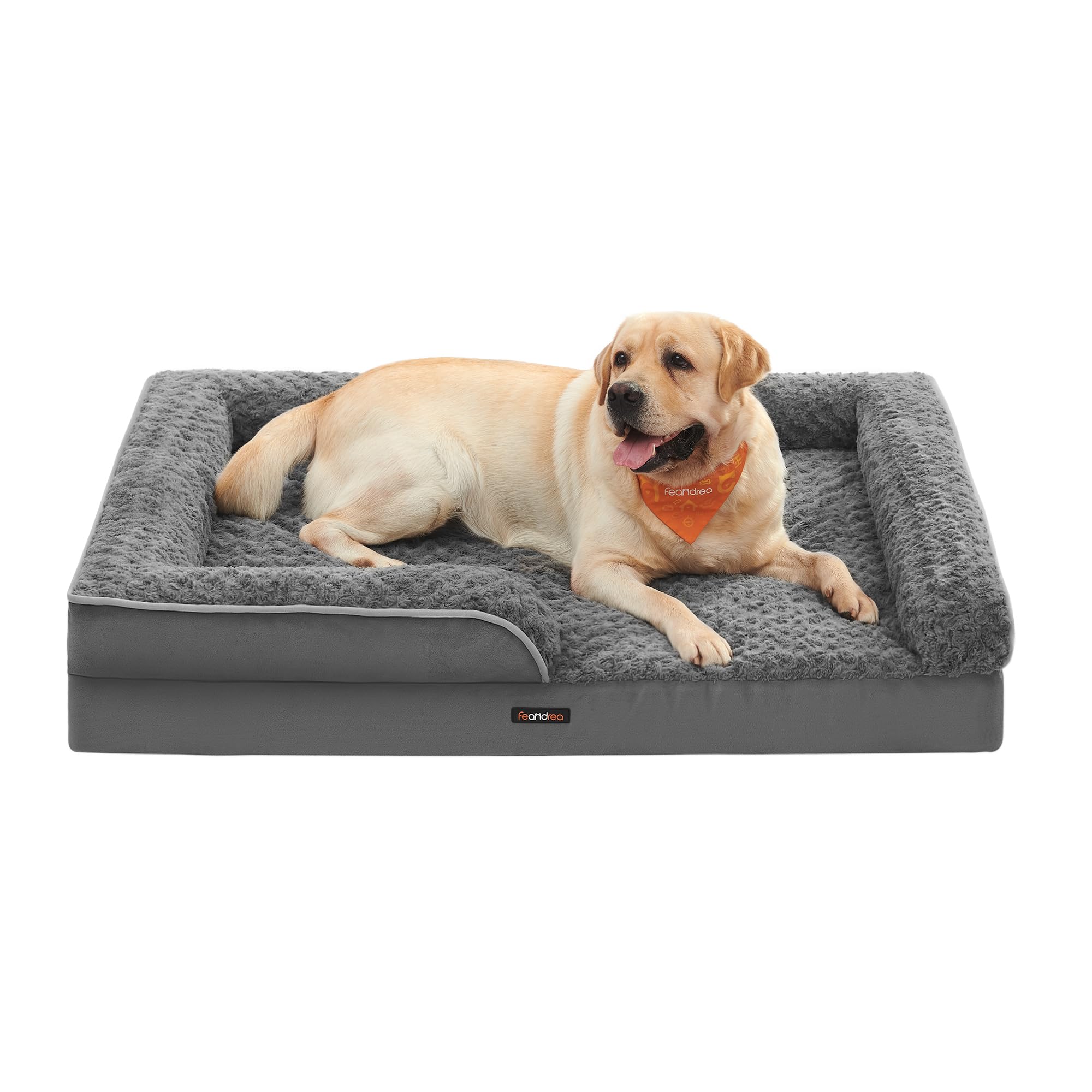 Feandrea Orthopädisches Hundebett für große Hunde, wasserdichtes Hundesofa mit abnehmbarem Plüsch-Bezug, 106 x 81 x 18 cm, schiefergrau PGW253G02