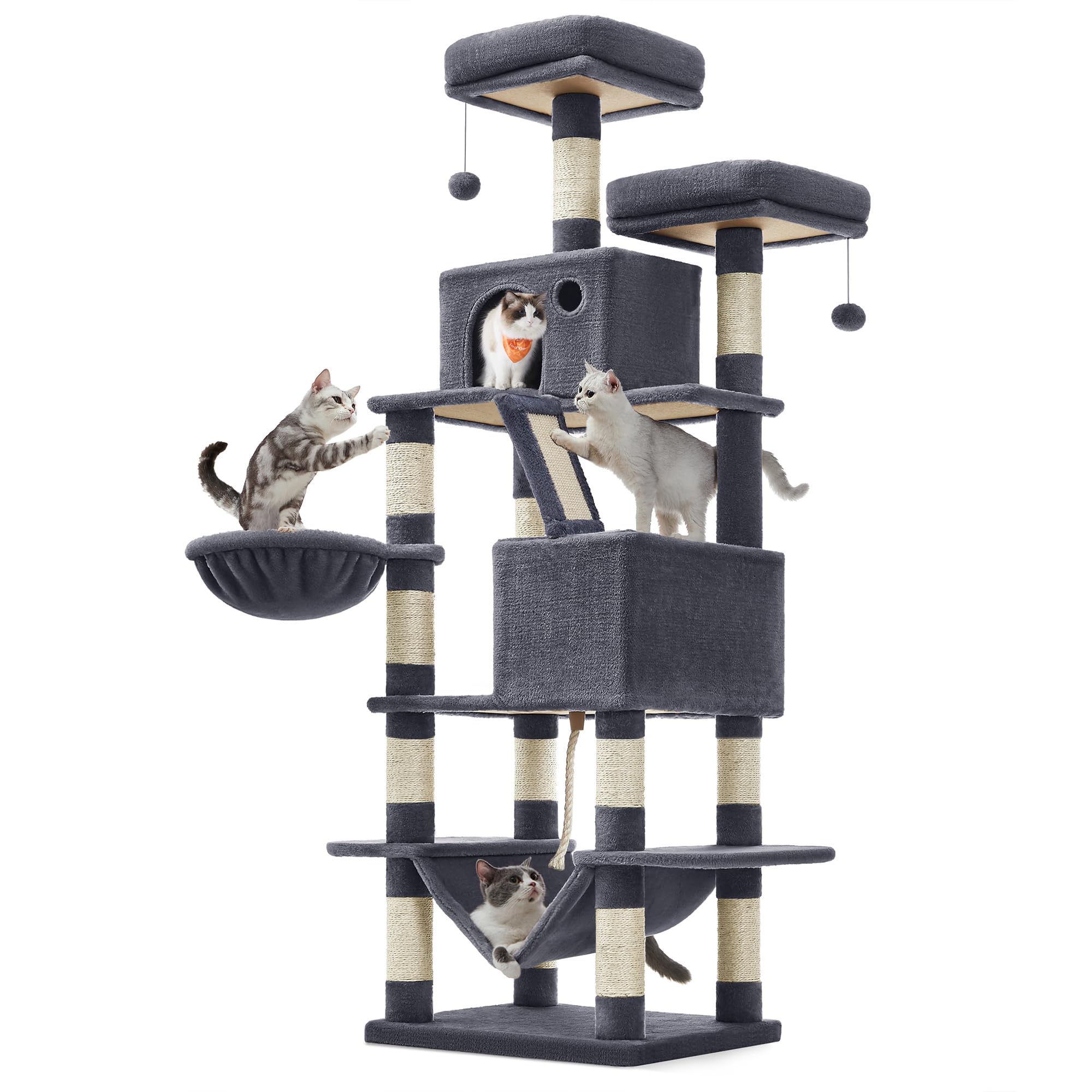 Feandrea Kratzbaum groß, 168 cm hoch, L Katzenbaum, mit 13 Kratzsäulen, 2 Plattformen, 2 Höhlen, Korb, Hängematte, Plüschbälle, mehrstöckiger Katzenkratzbaum, rauchgrau PCT165G01