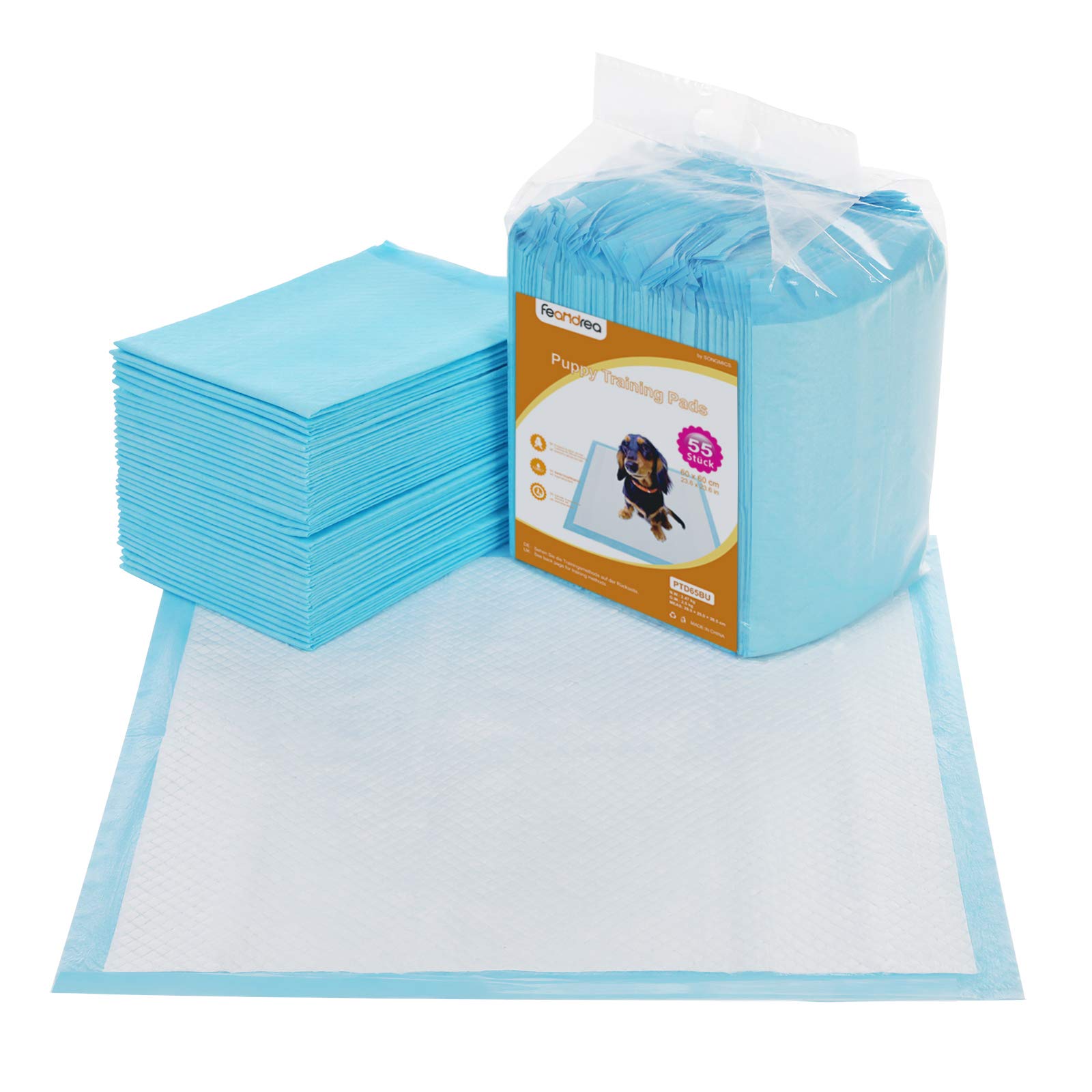 FEANDREA Puppy Pads, Welpen-Unterlage, 60 x 60 cm, 55 Stück, blau-weiß PTD65BU