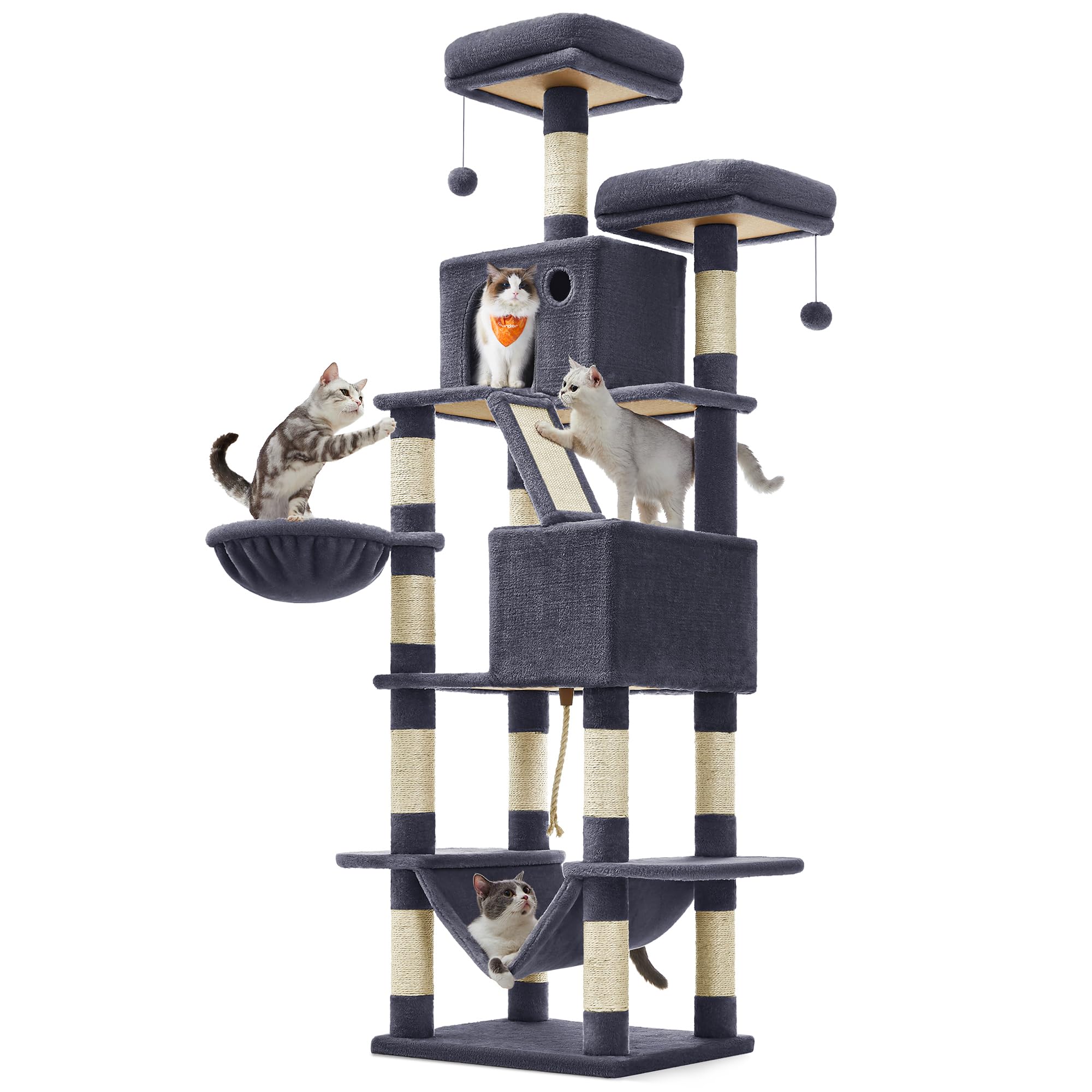 Feandrea Kratzbaum groß, 206 cm hoch, XXL Katzenbaum, mit 13 Kratzsäulen, 2 Plattformen, 2 Höhlen, Korb, Hängematte, Plüschbälle, mehrstöckiger Katzenkratzbaum, rauchgrau PCT190G01
