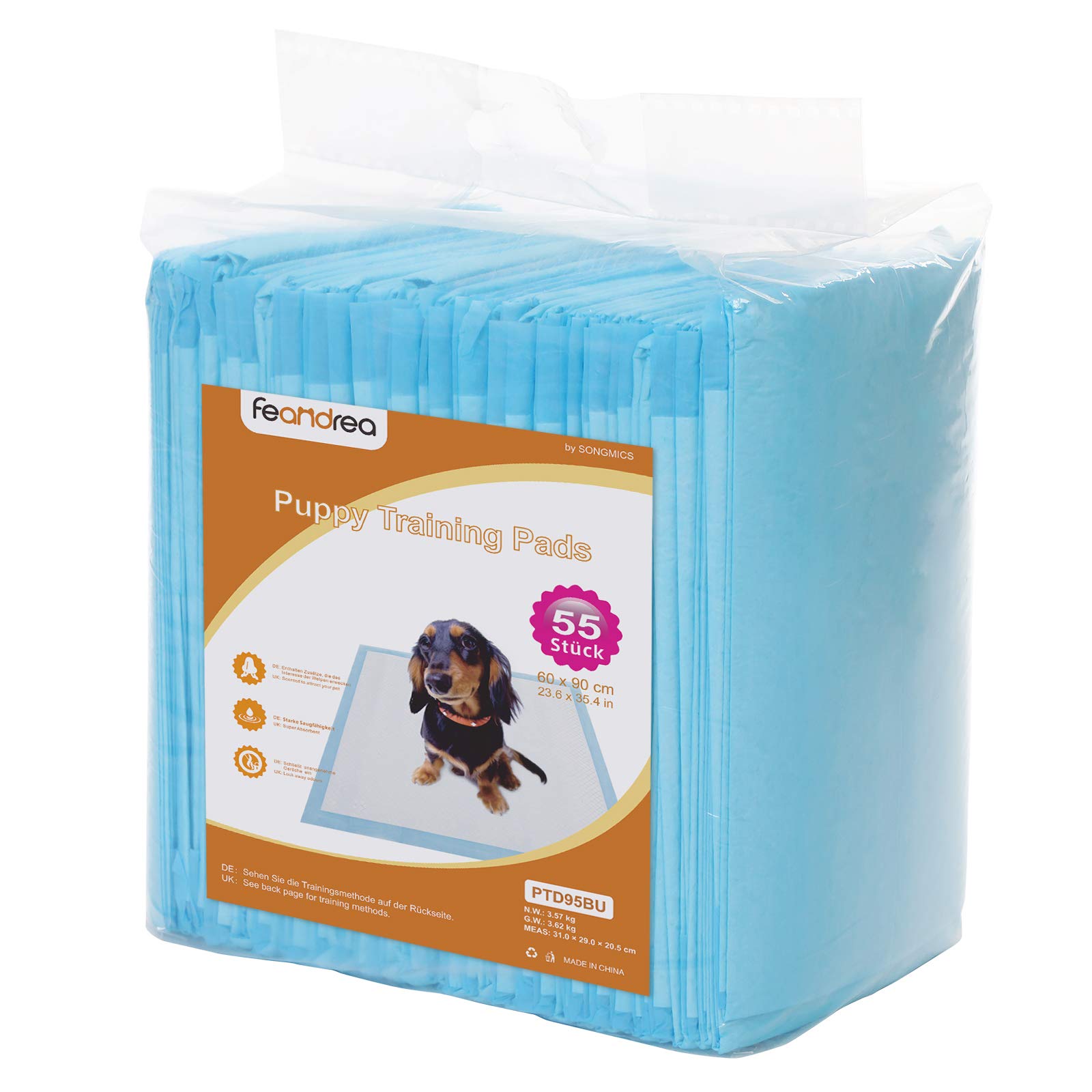 FEANDREA Puppy Pads, Welpen-Unterlage, 90 x 60 cm, 55 Stück, blau-weiß PTD95BU